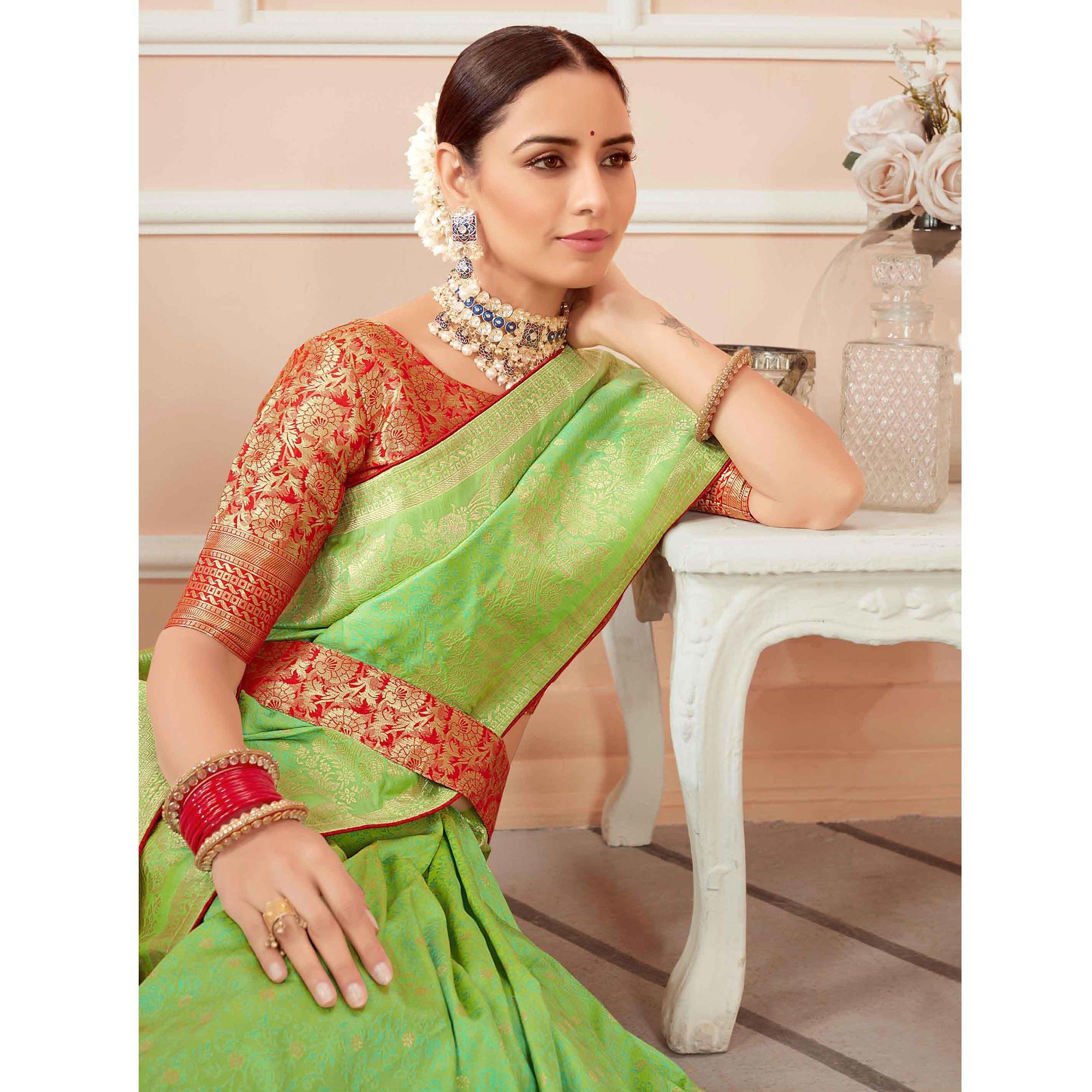 Green Festive Wear Woven Banarasi Silk Saree With Tassels - Peachmode
