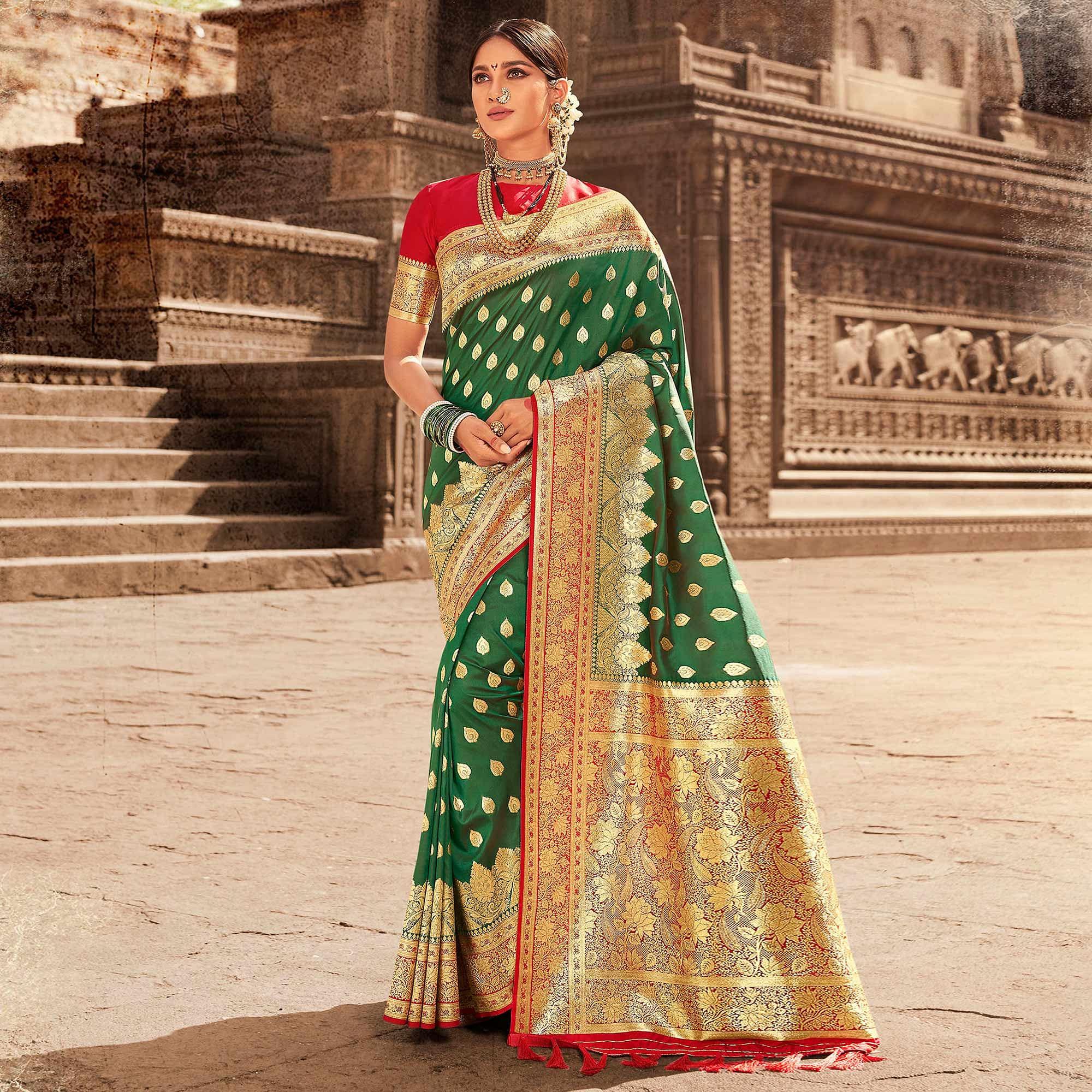 Green Festive Wear Woven Banarasi Silk Saree With Zari Border Pallu - Peachmode