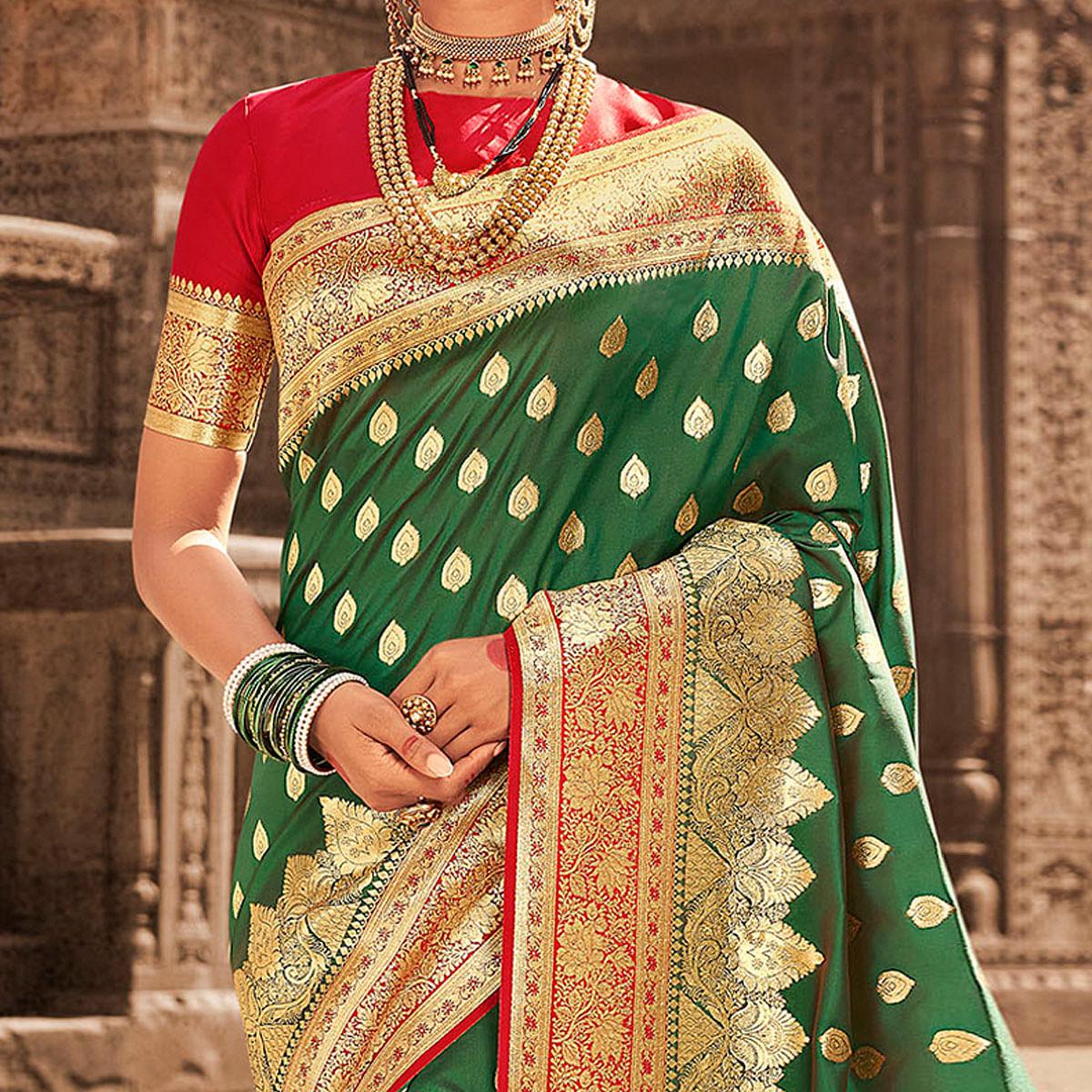Green Festive Wear Woven Banarasi Silk Saree With Zari Border Pallu - Peachmode