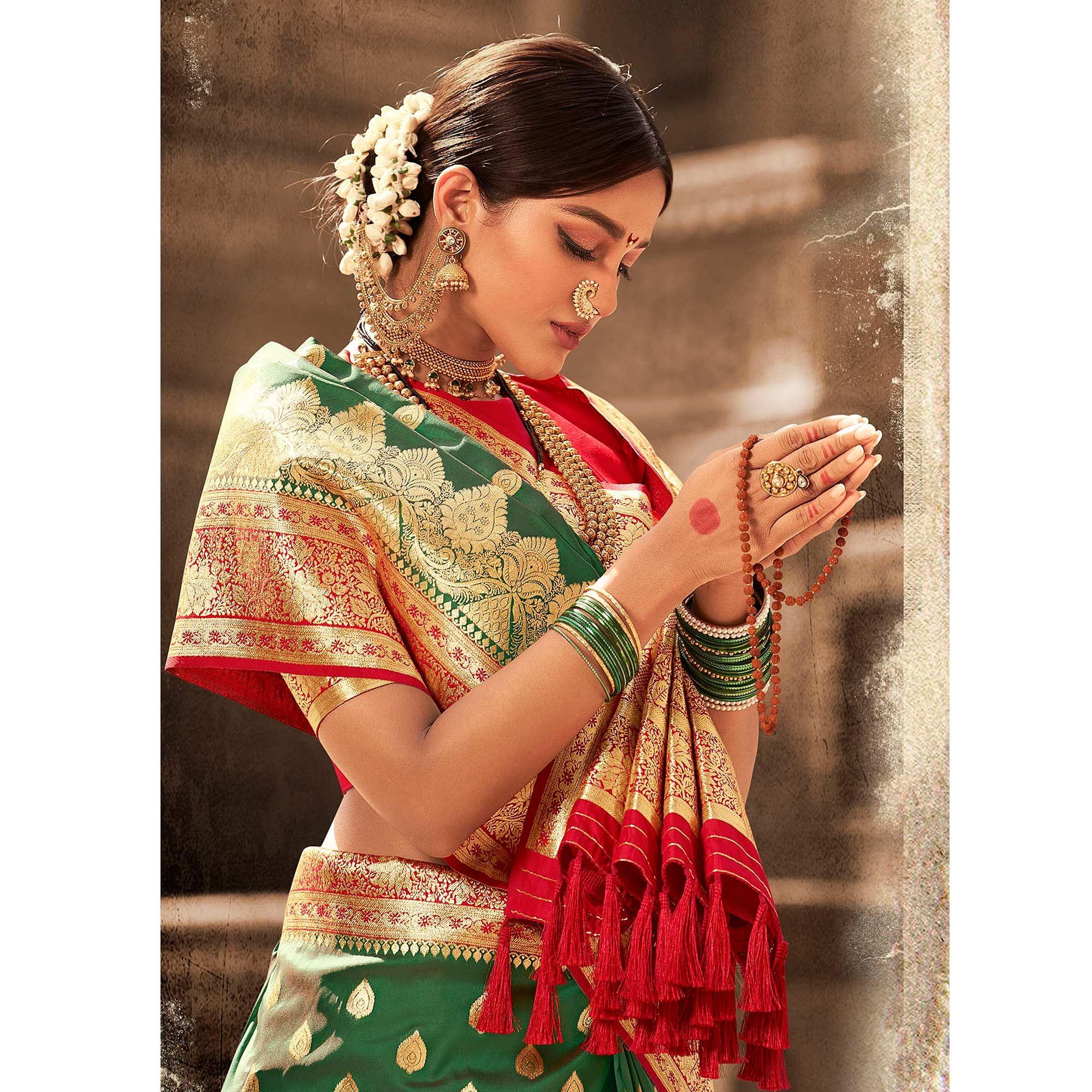 Green Festive Wear Woven Banarasi Silk Saree With Zari Border Pallu - Peachmode