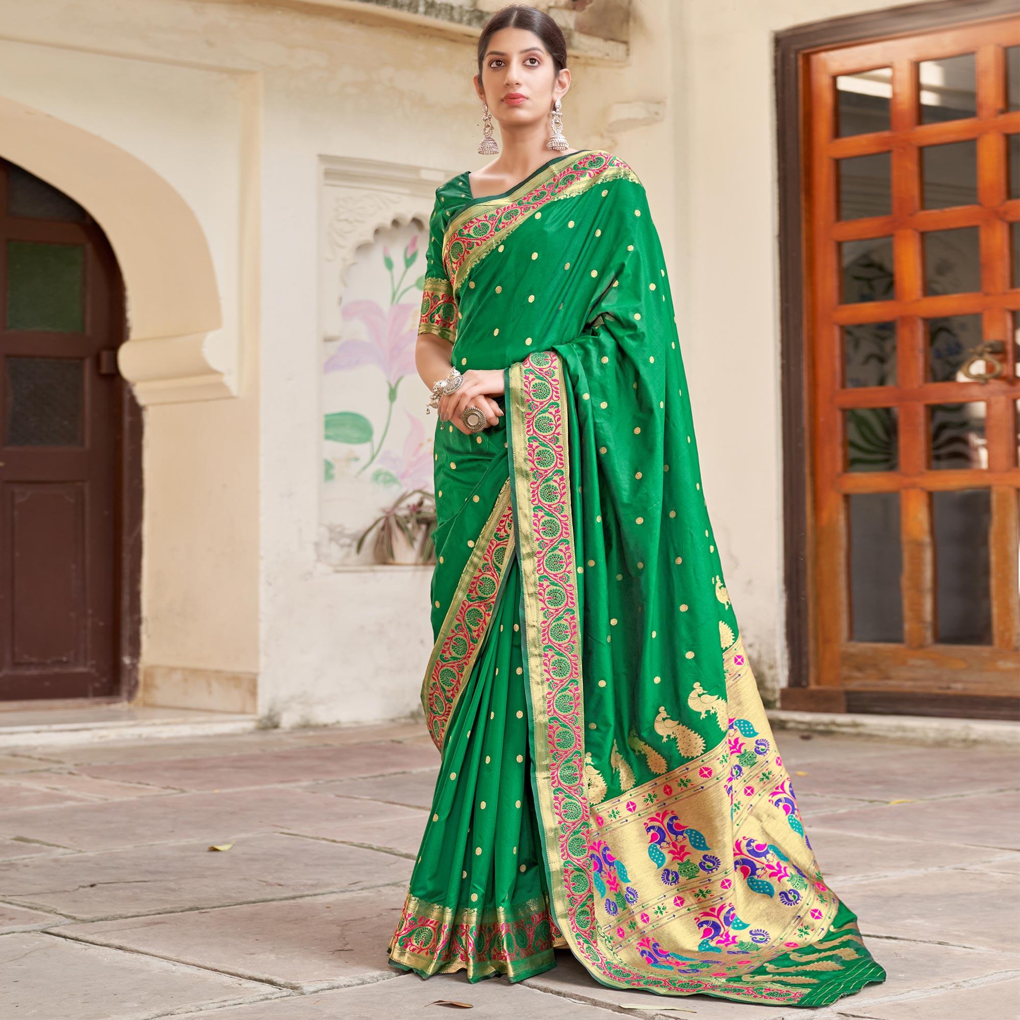 Green Festive Wear Woven Banarasi Soft Silk Saree - Peachmode