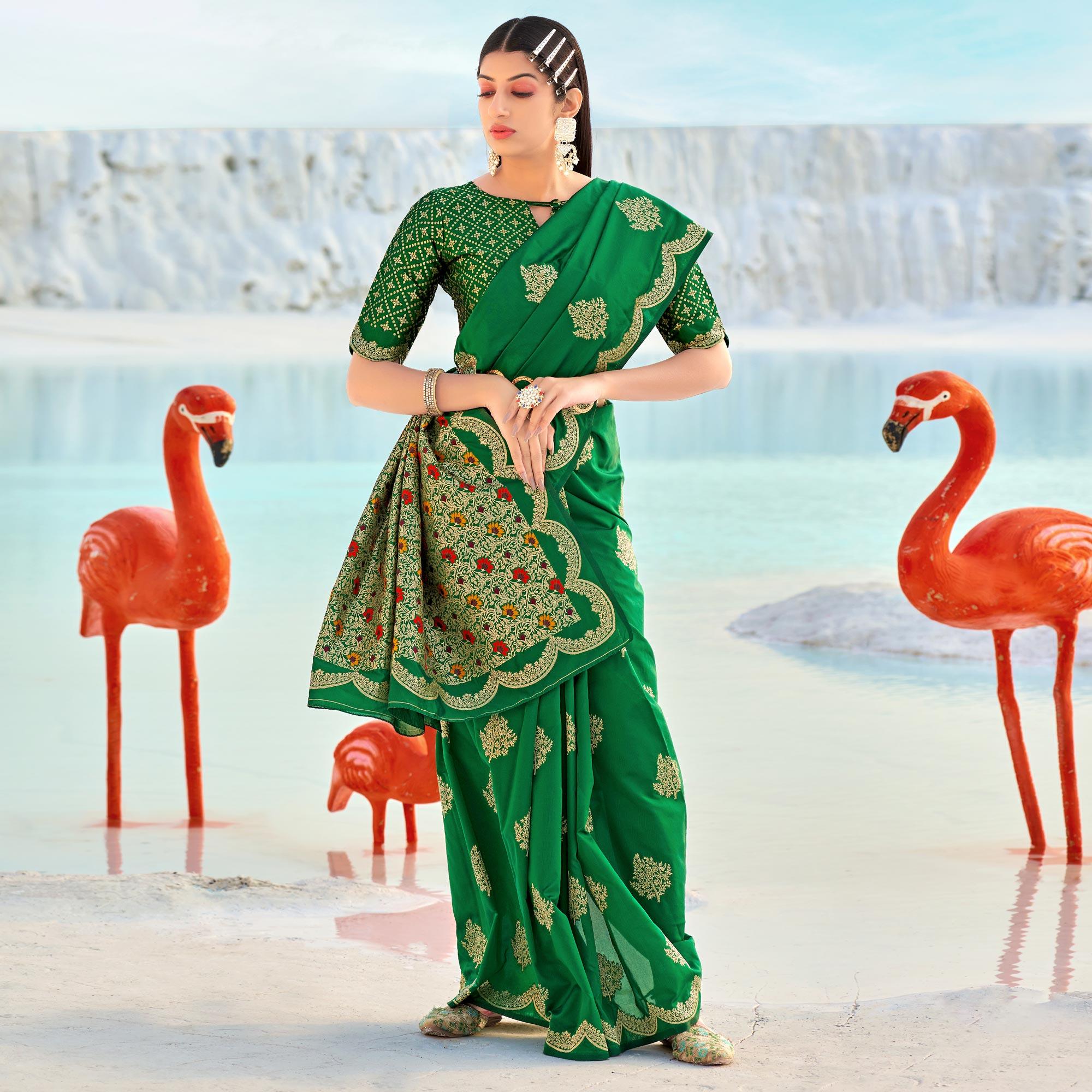 Green Festive Wear Woven Banarasi Soft Silk Saree - Peachmode