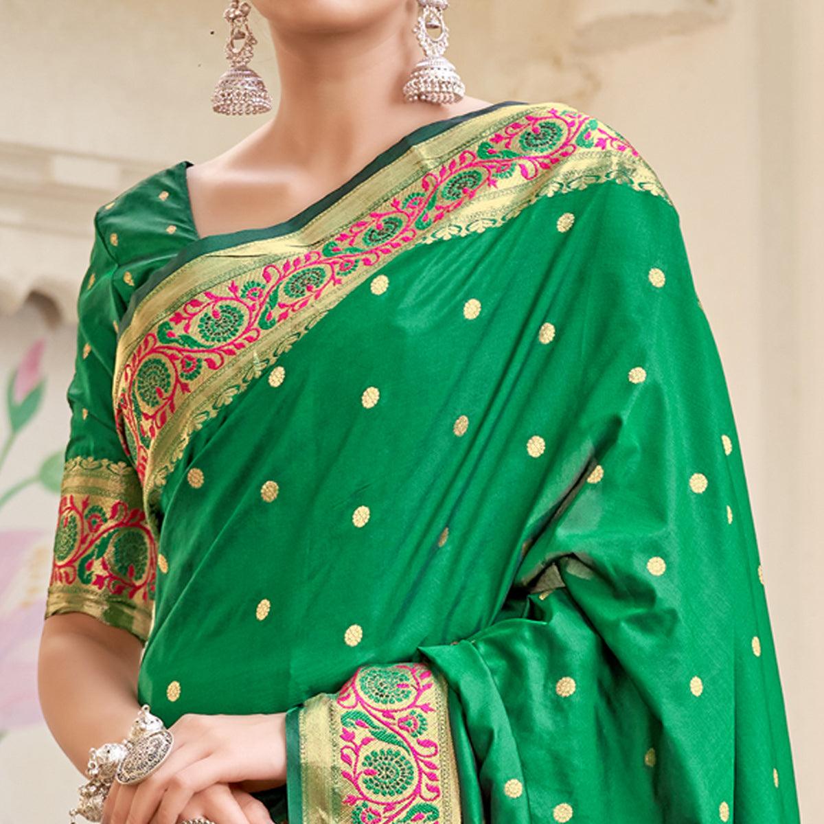 Green Festive Wear Woven Banarasi Soft Silk Saree - Peachmode