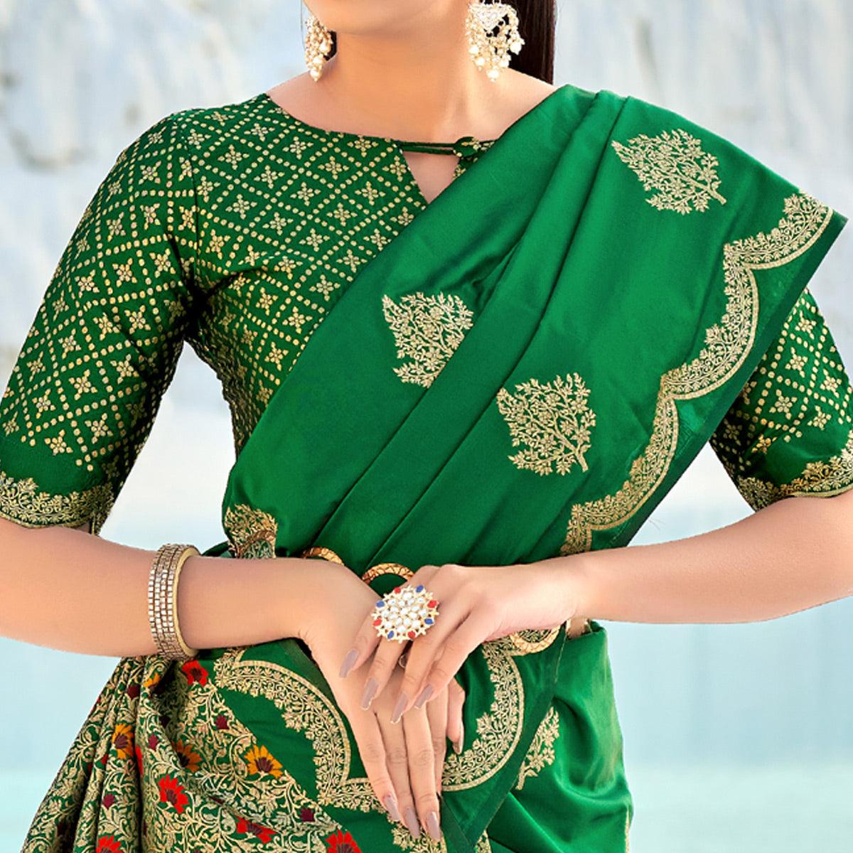 Green Festive Wear Woven Banarasi Soft Silk Saree - Peachmode