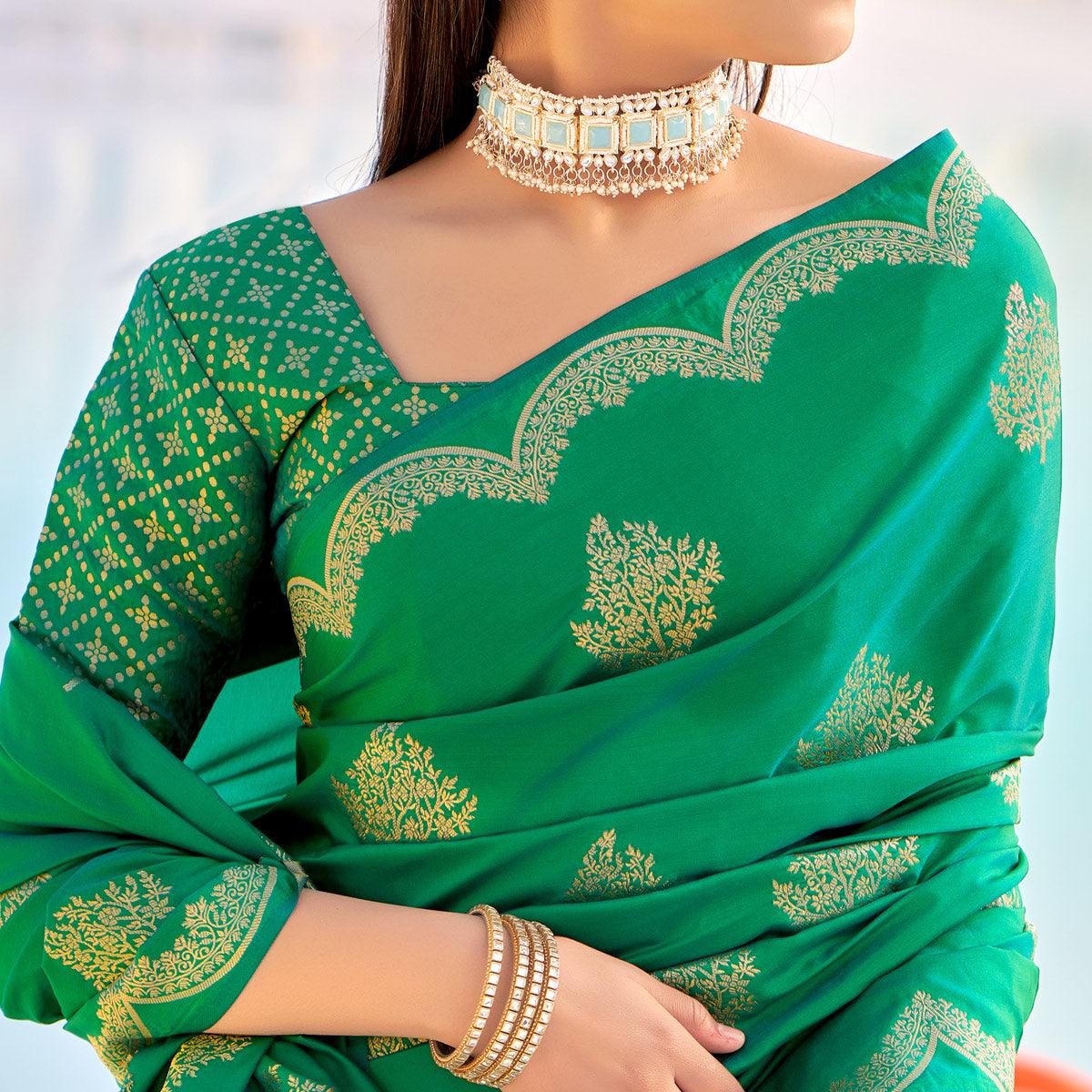 Green Festive Wear Woven Banarasi Soft Silk Saree - Peachmode