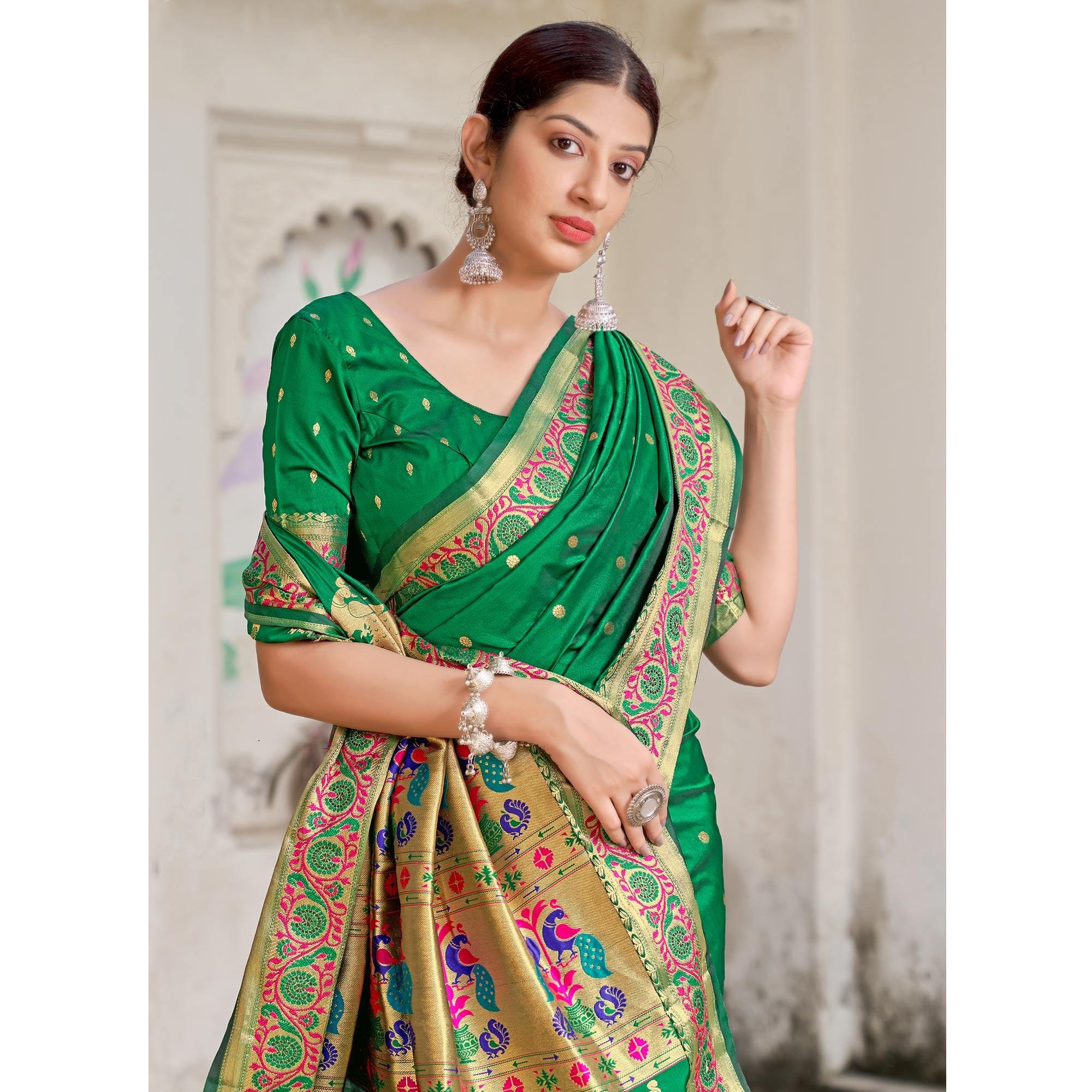 Green Festive Wear Woven Banarasi Soft Silk Saree - Peachmode
