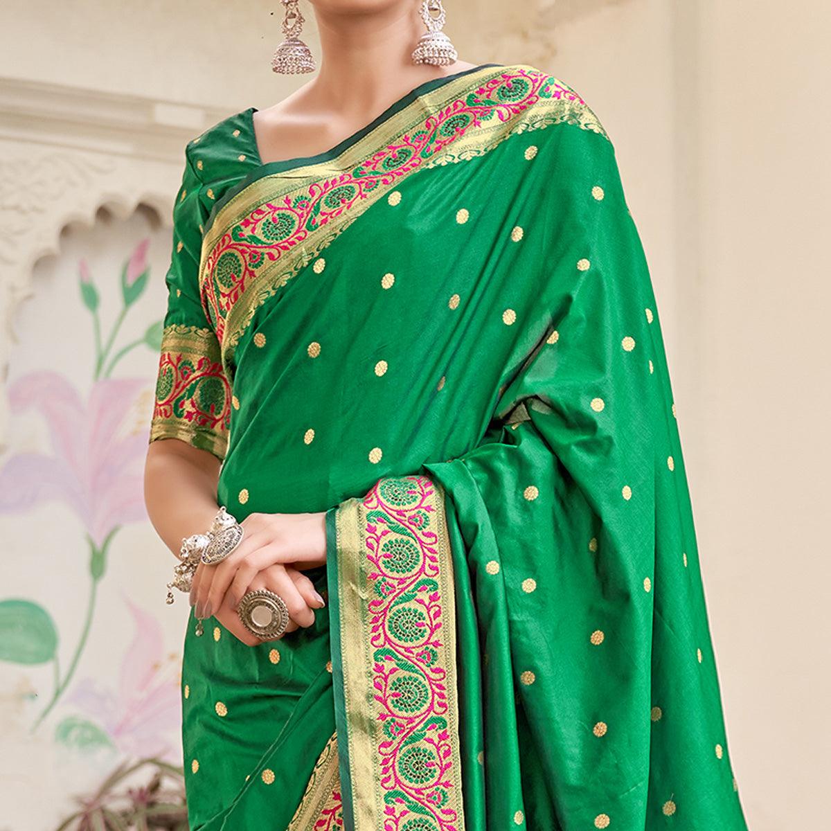 Green Festive Wear Woven Banarasi Soft Silk Saree - Peachmode