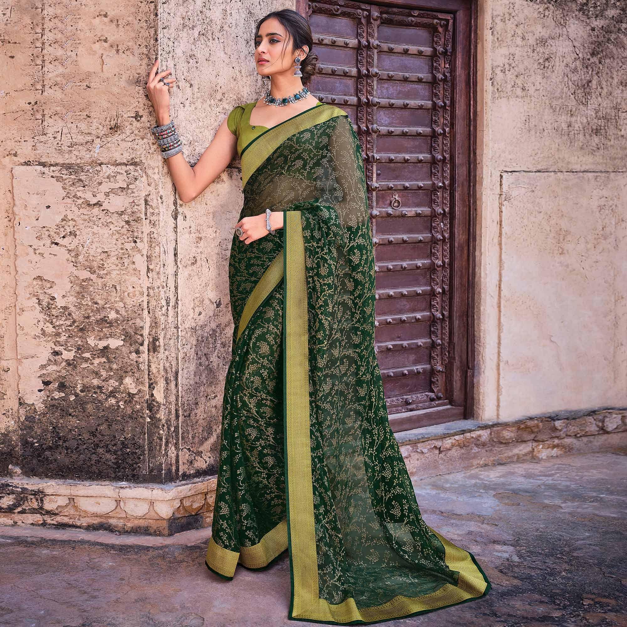 Green Festive Wear Woven Brasso Saree - Peachmode