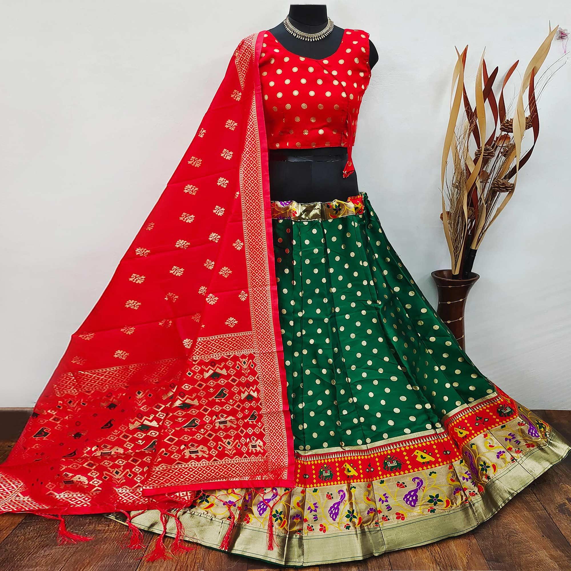 Green Festive Wear Woven Brocade Lehenga Choli - Peachmode