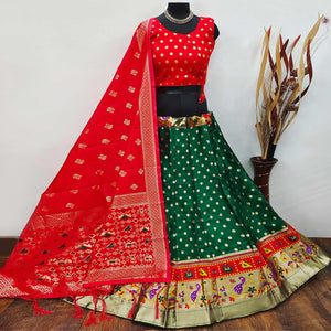 Green Festive Wear Woven Brocade Lehenga Choli - Peachmode