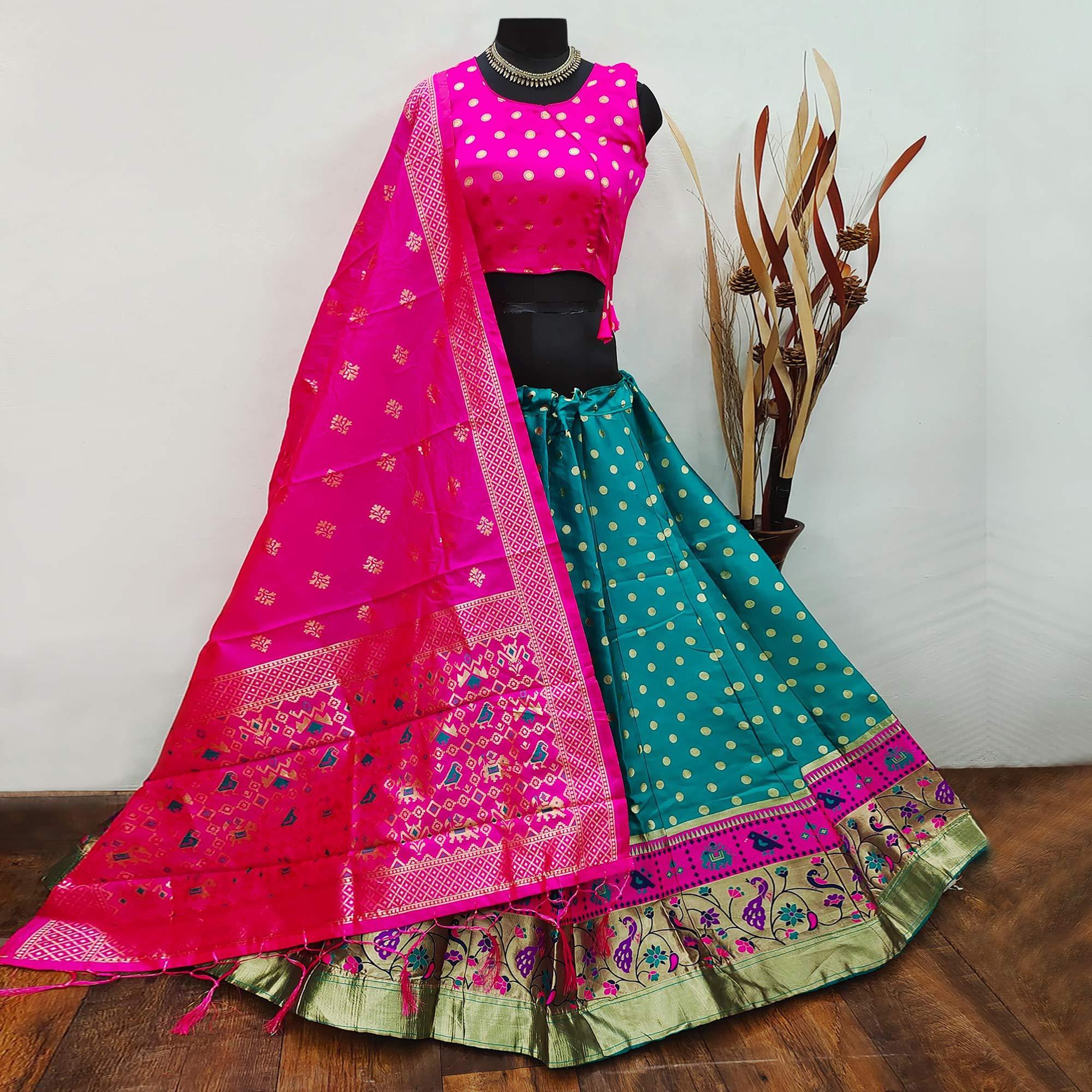 Green Festive Wear Woven Brocade Lehenga Choli - Peachmode