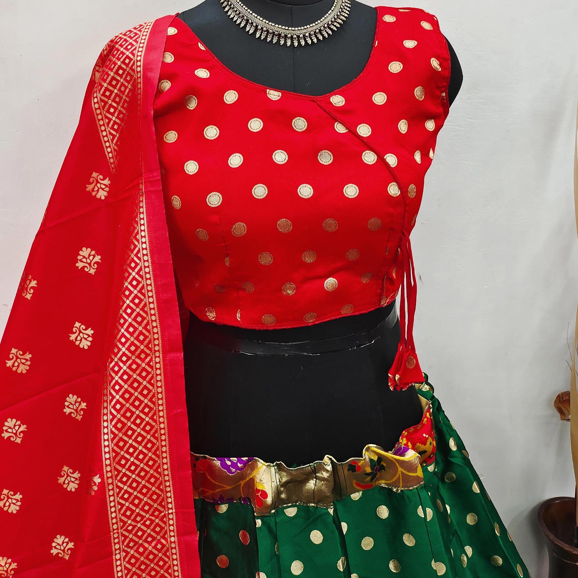 Green Festive Wear Woven Brocade Lehenga Choli - Peachmode