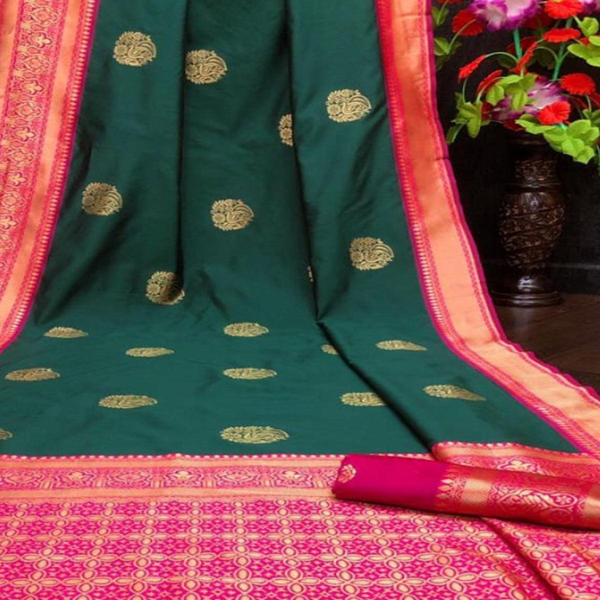Green Festive Wear Woven Butta Designer Border Soft Lichi Silk Saree - Peachmode