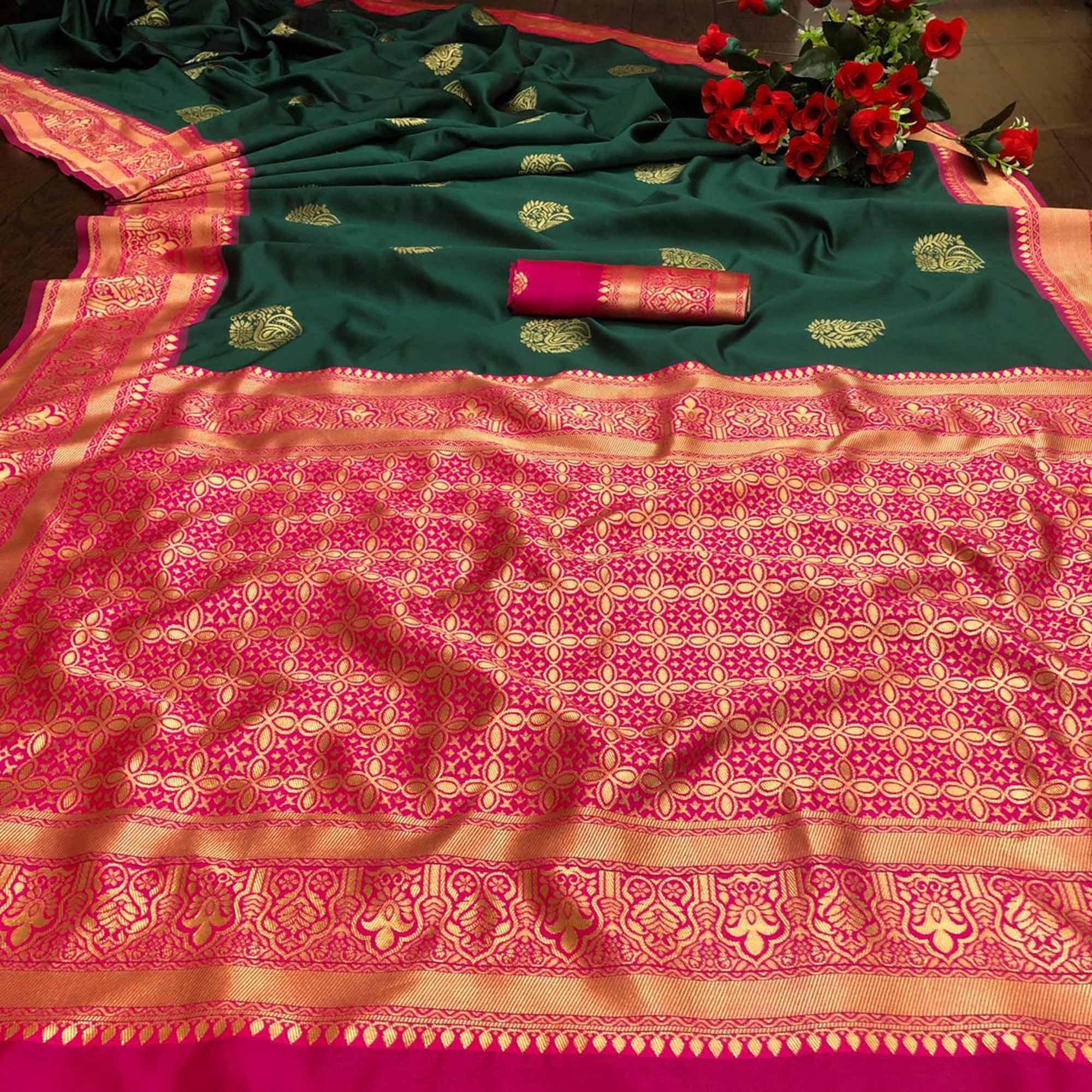 Green Festive Wear Woven Butta Designer Border Soft Lichi Silk Saree - Peachmode