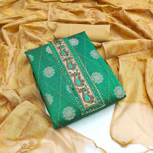 Green Festive Wear Woven Chanderi Dress Material - Peachmode