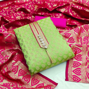 Green Festive Wear Woven Chanderi Dress Material - Peachmode