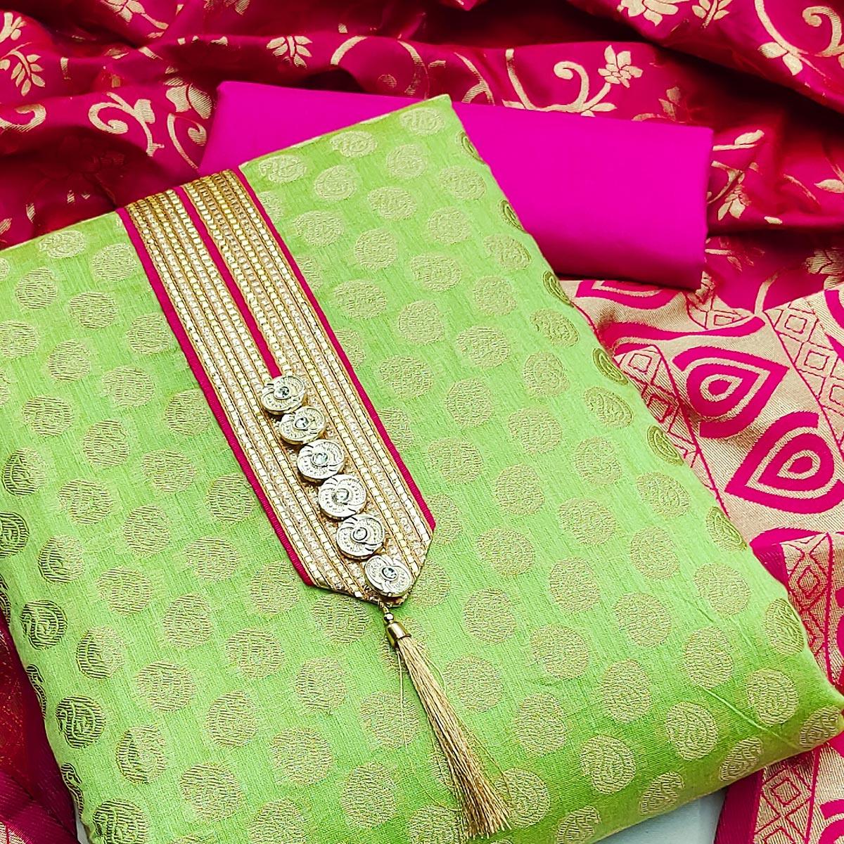Green Festive Wear Woven Chanderi Dress Material - Peachmode