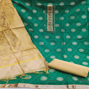 Green Festive Wear Woven Chanderi Dress Material - Peachmode