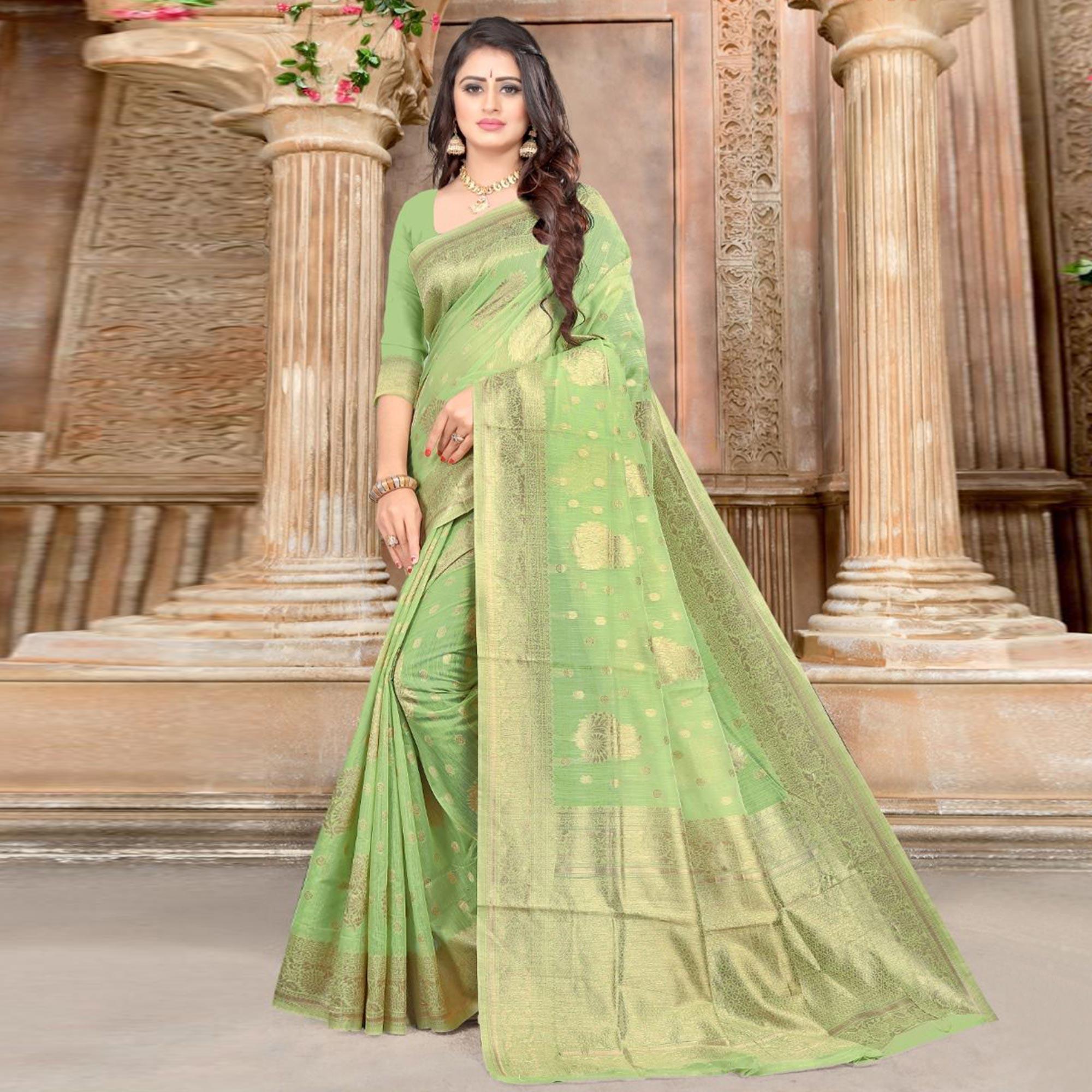 Green Festive Wear Woven Chanderi Silk Saree - Peachmode