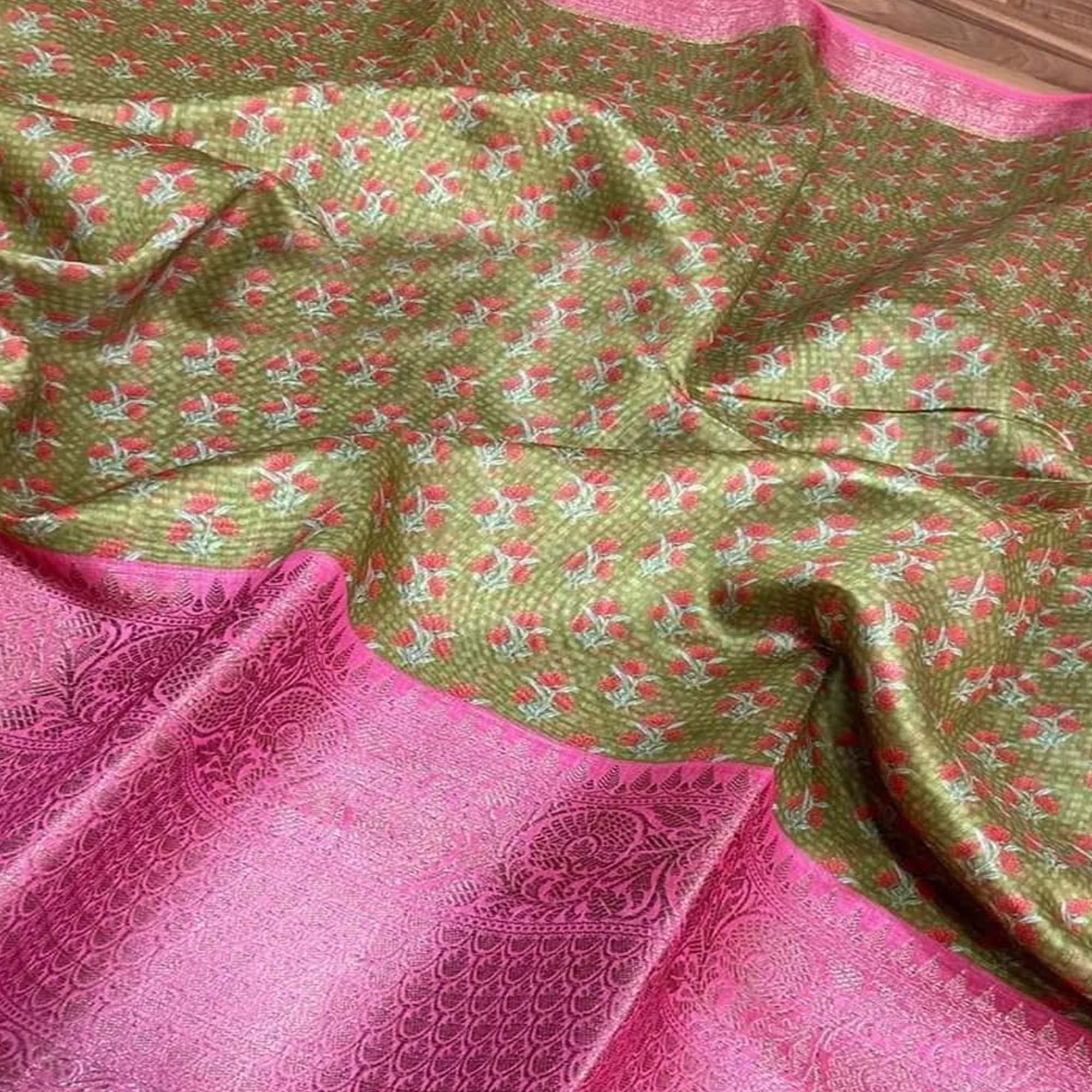 Green Festive Wear Woven Chanderi Silk Saree - Peachmode