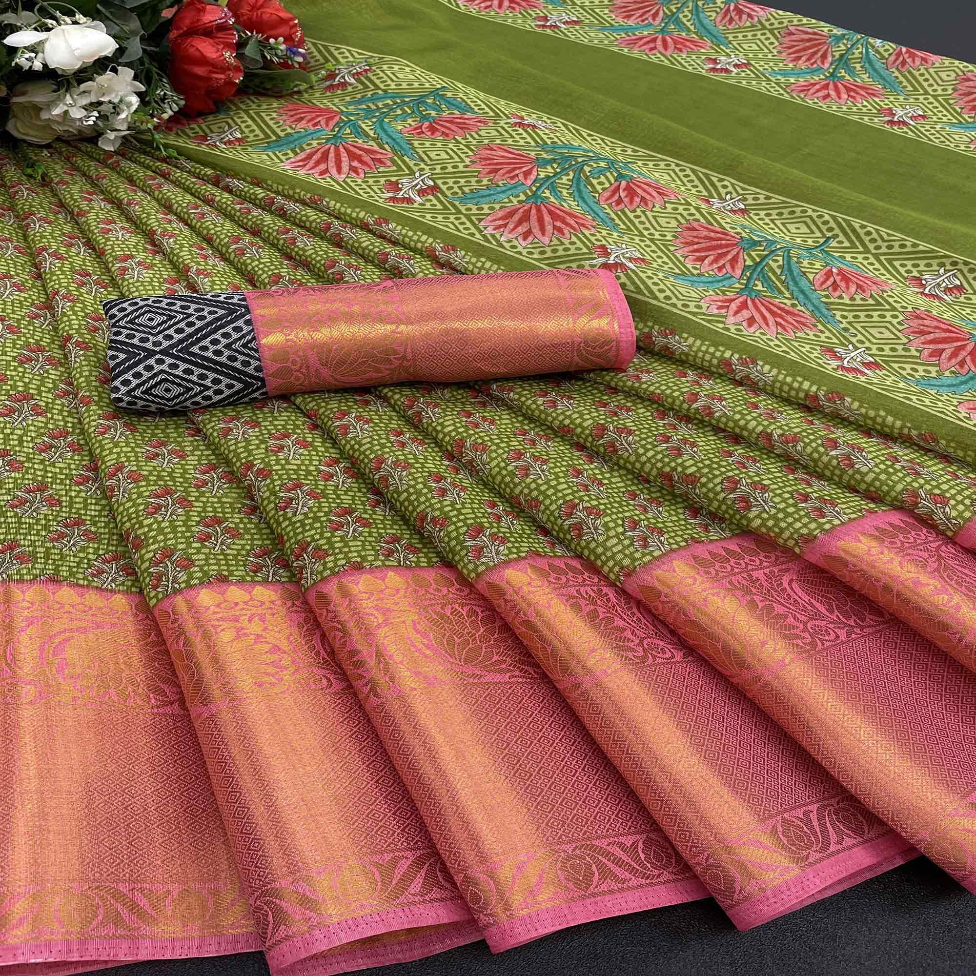 Green Festive Wear Woven Chanderi Silk Saree - Peachmode