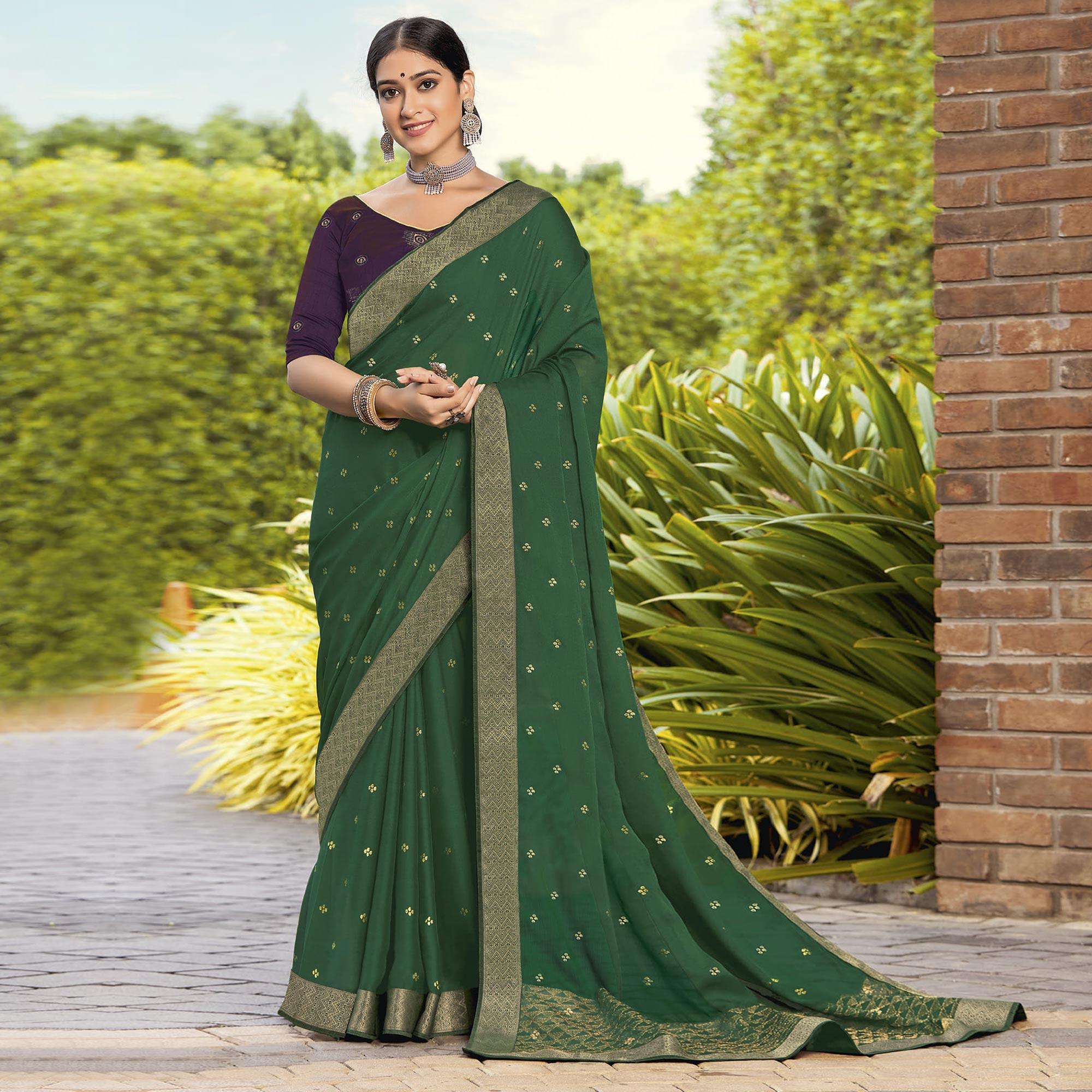 Green Festive Wear Woven Chiffon Saree - Peachmode