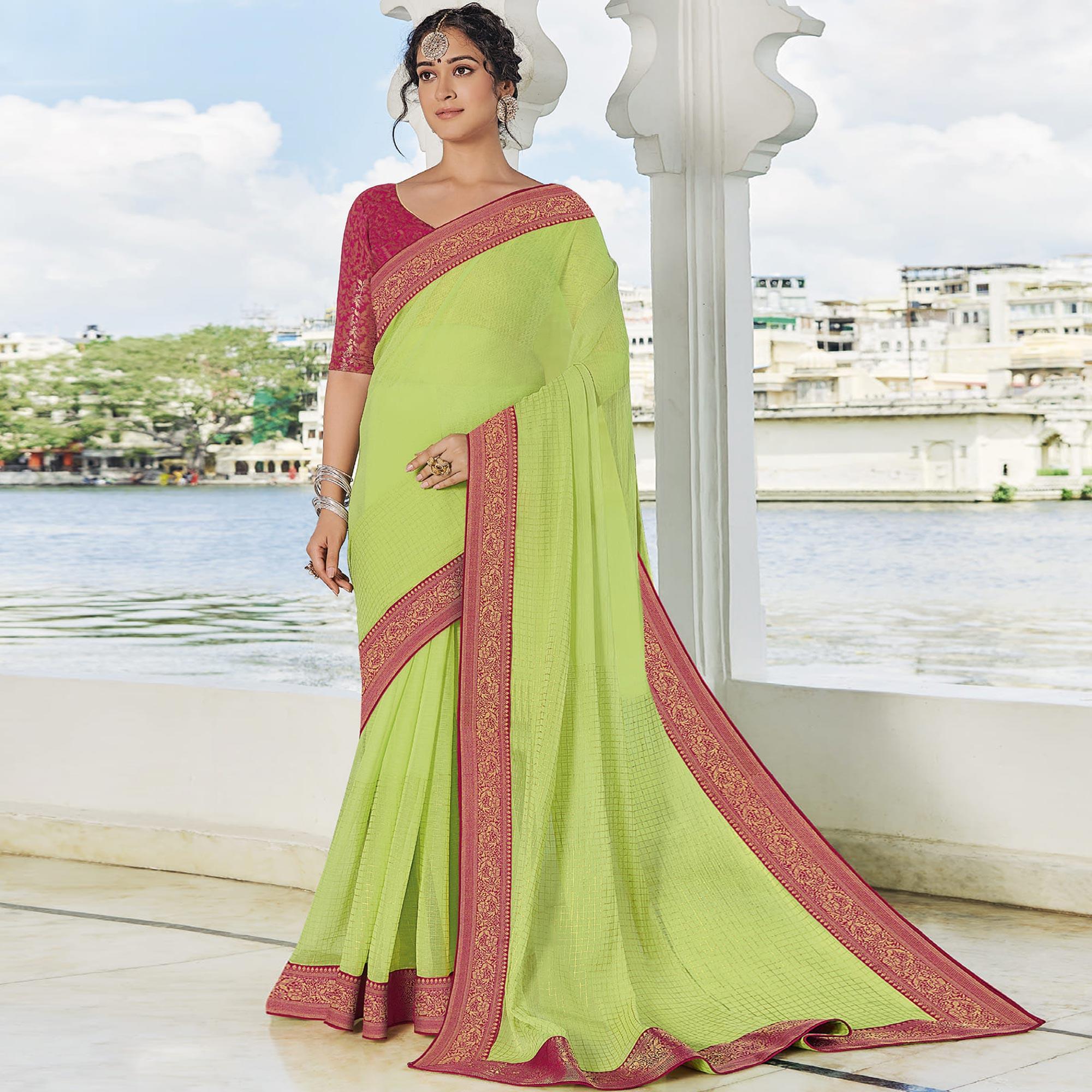 Green Festive Wear Woven Chiffon Saree - Peachmode