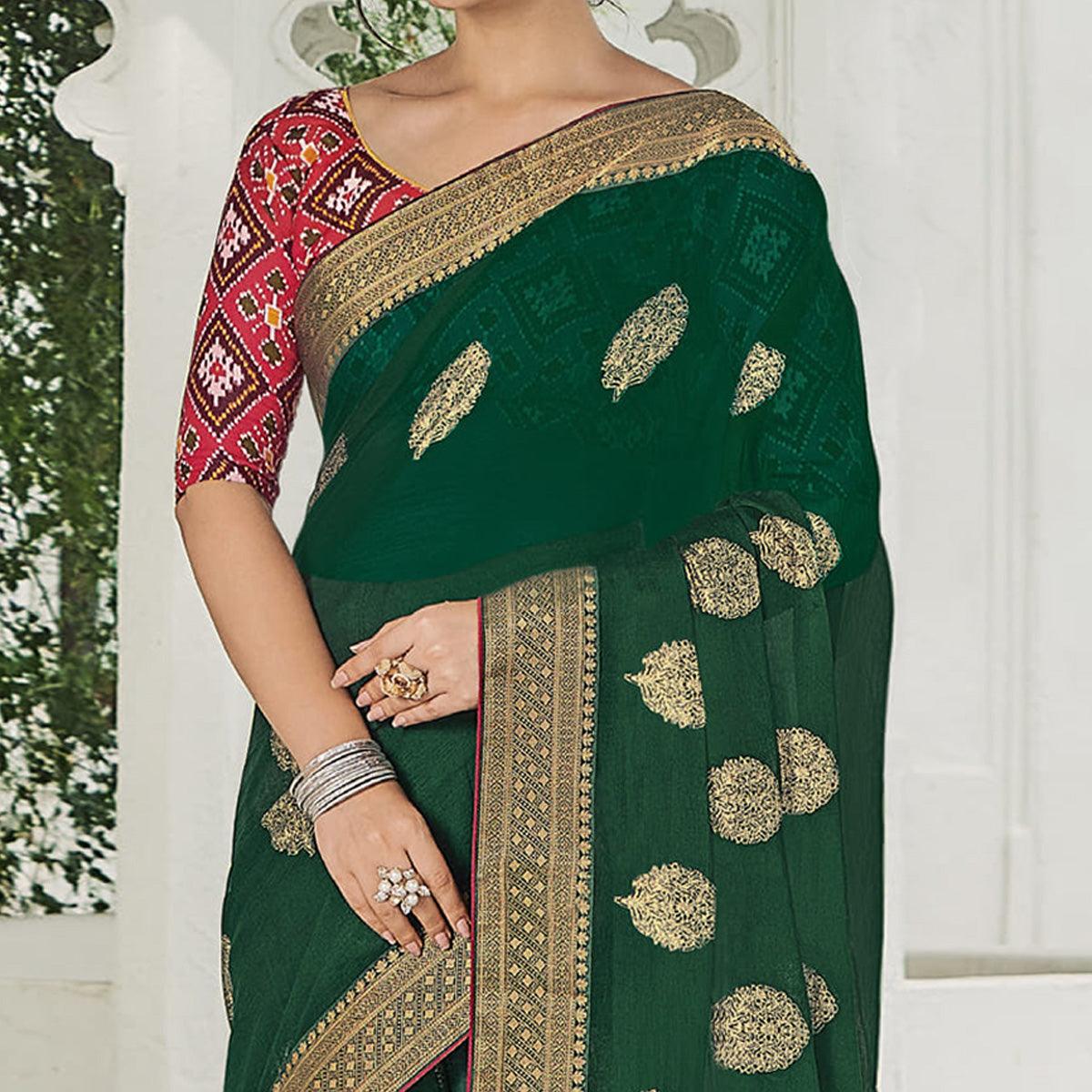 Green Festive Wear Woven Chiffon Saree - Peachmode