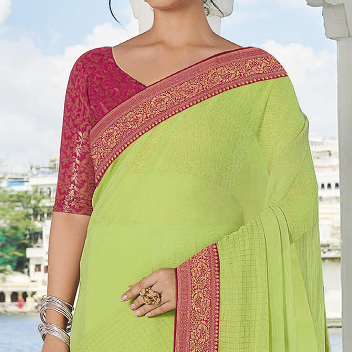 Green Festive Wear Woven Chiffon Saree - Peachmode