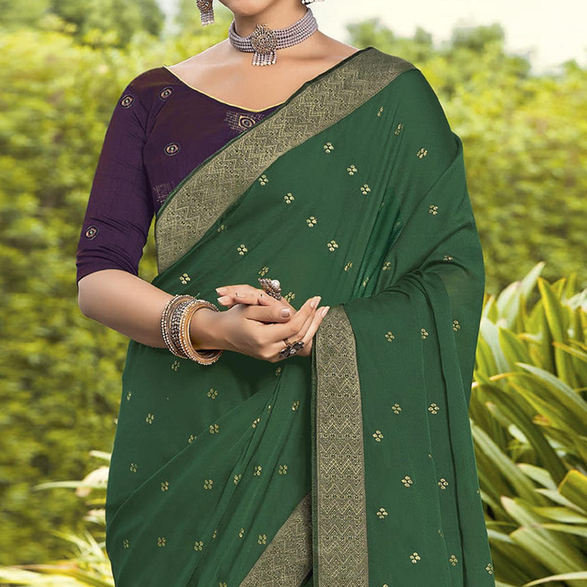 Green Festive Wear Woven Chiffon Saree - Peachmode