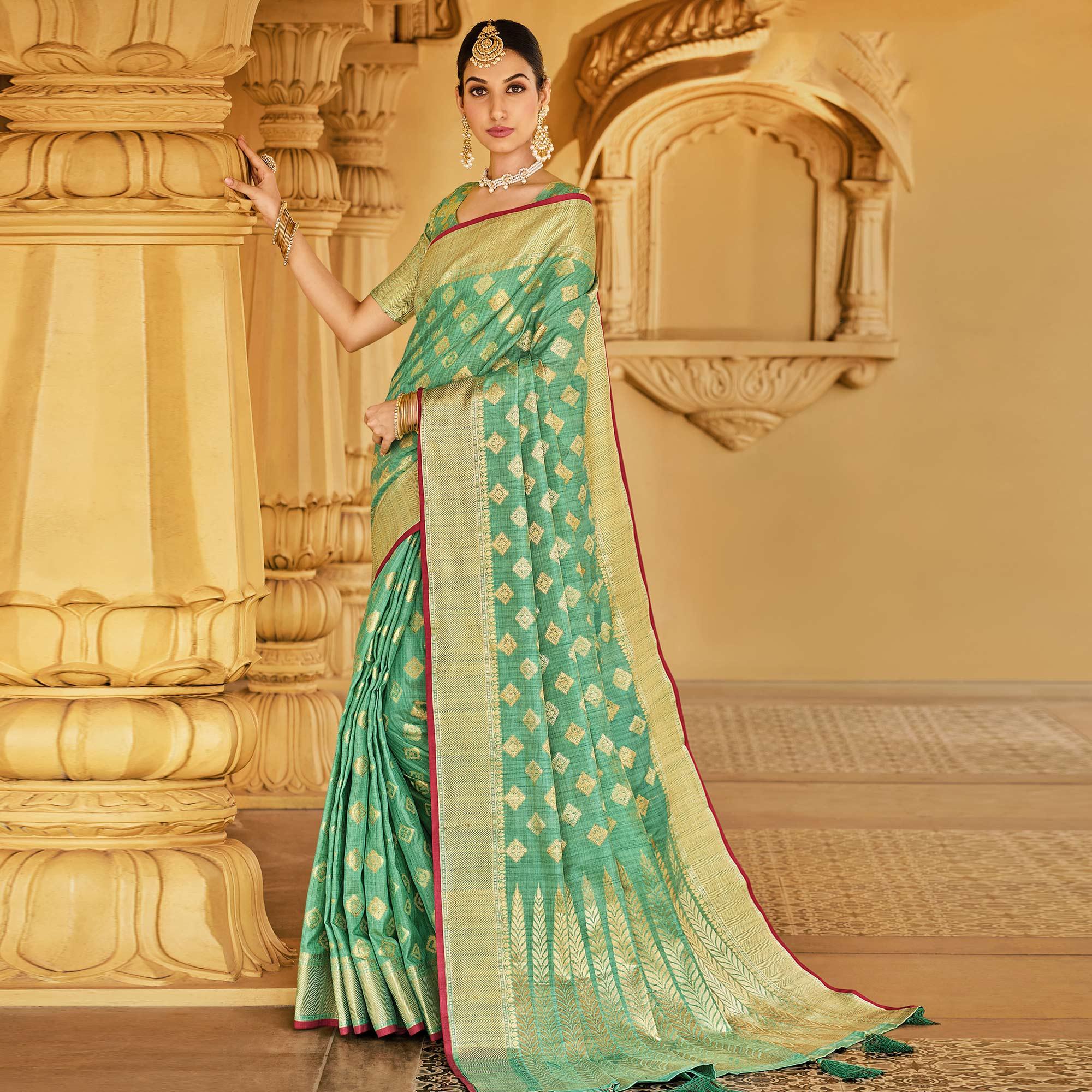 Green Festive Wear Woven Cotton Handloom Saree - Peachmode