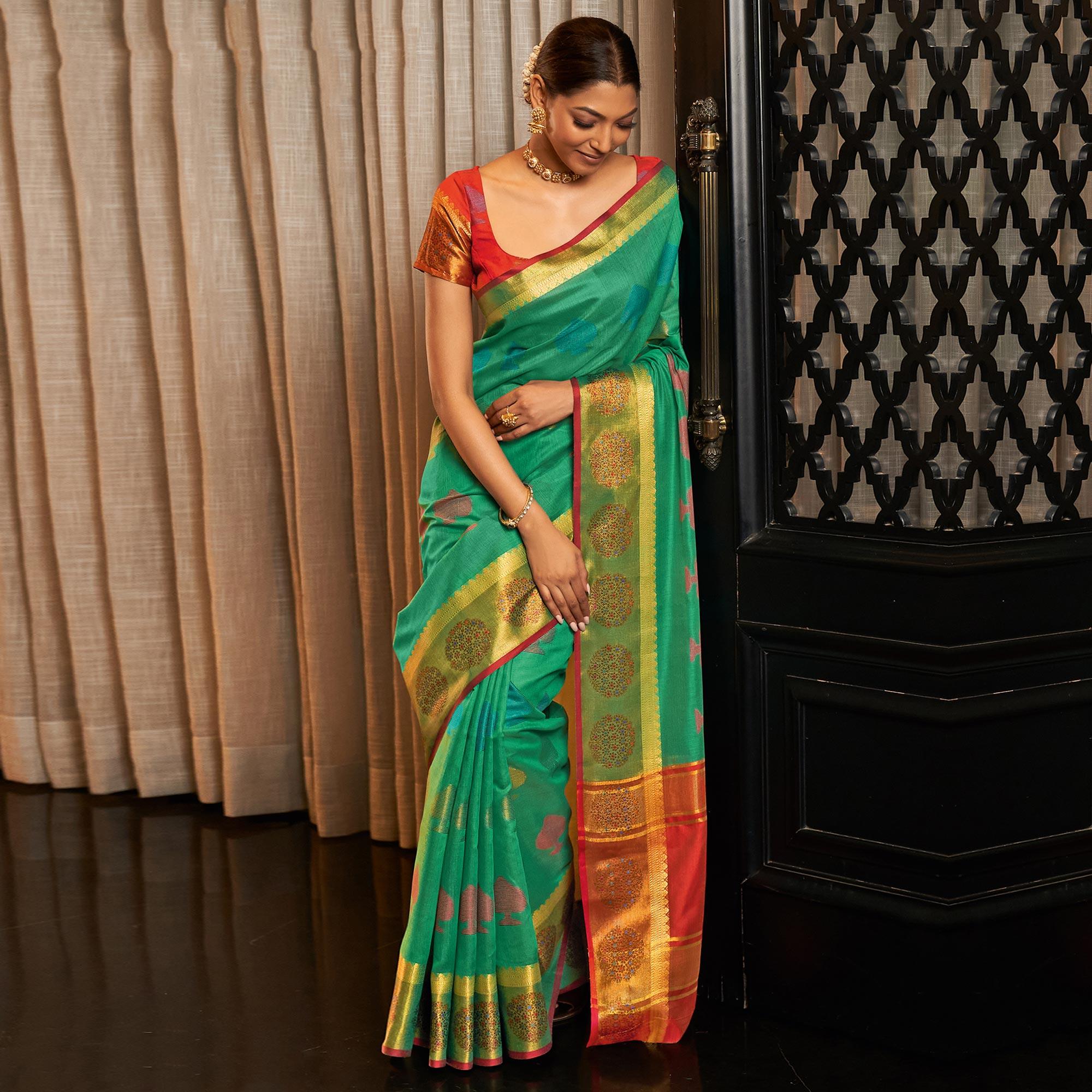 Green Festive Wear Woven Cotton Handloom Saree - Peachmode