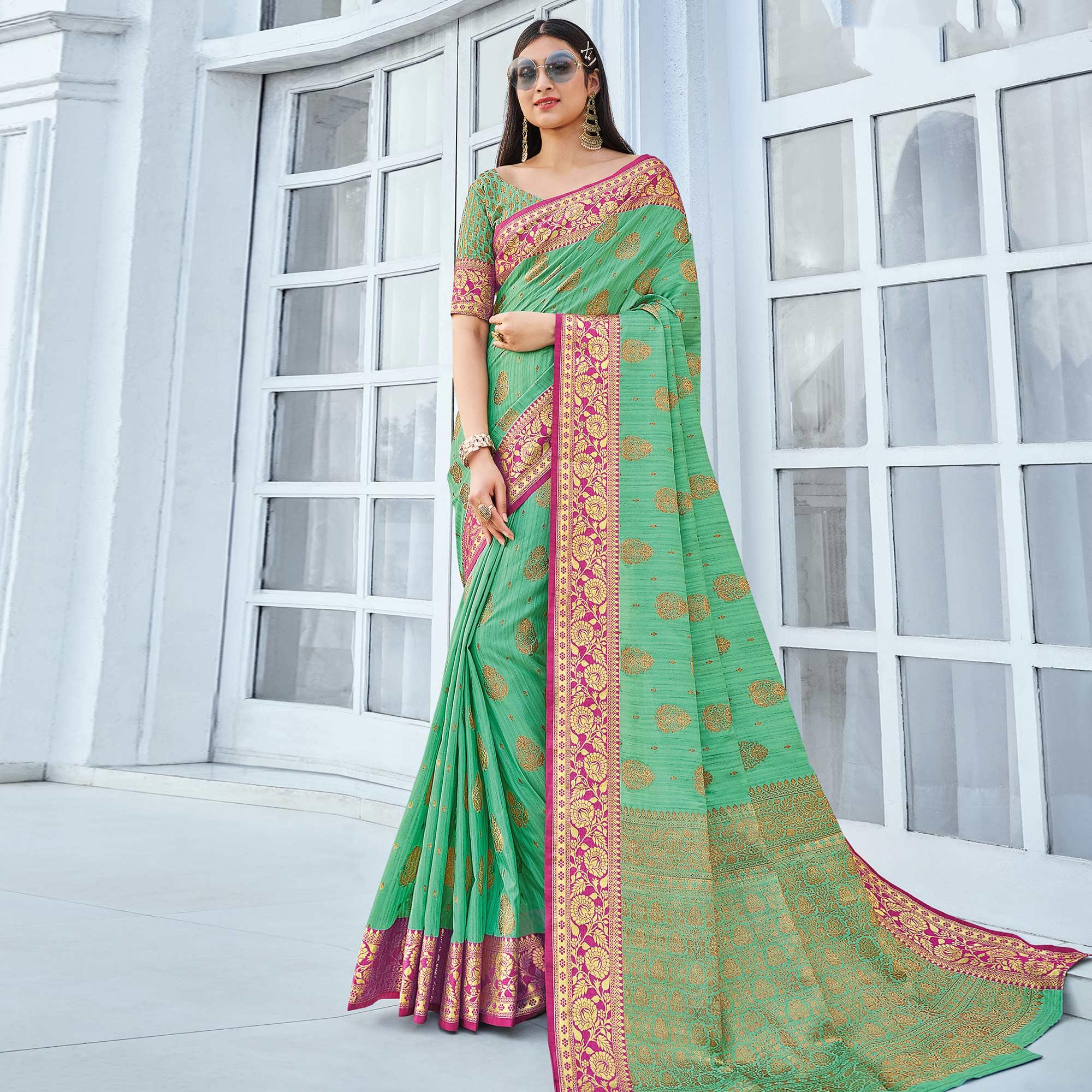 Green Festive Wear Woven Cotton Handloom Saree - Peachmode