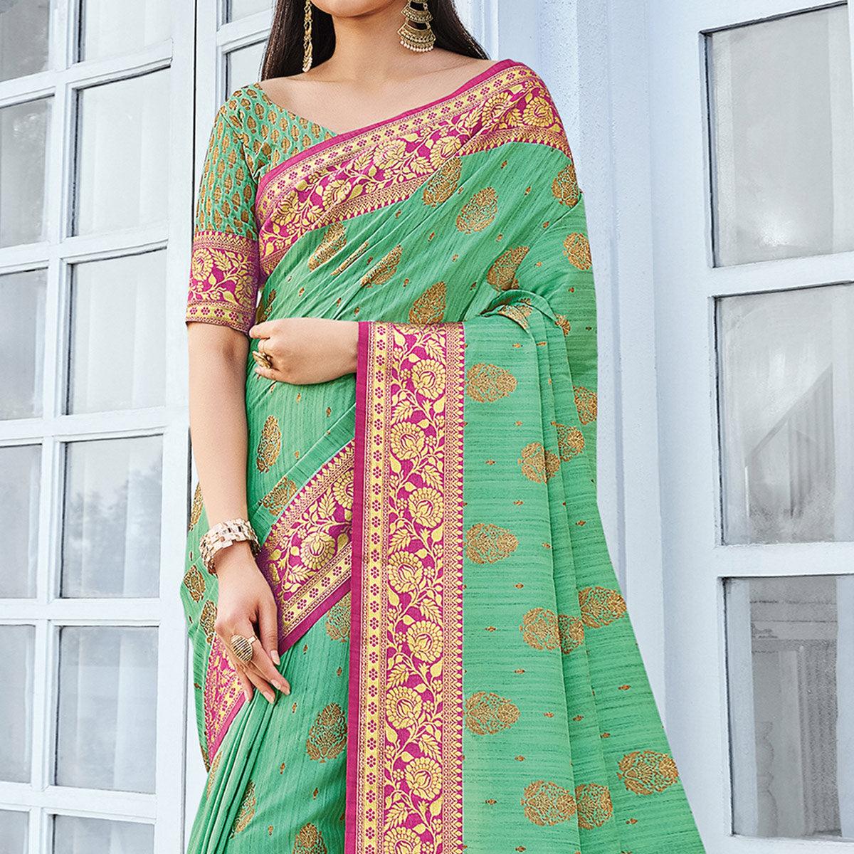 Green Festive Wear Woven Cotton Handloom Saree - Peachmode
