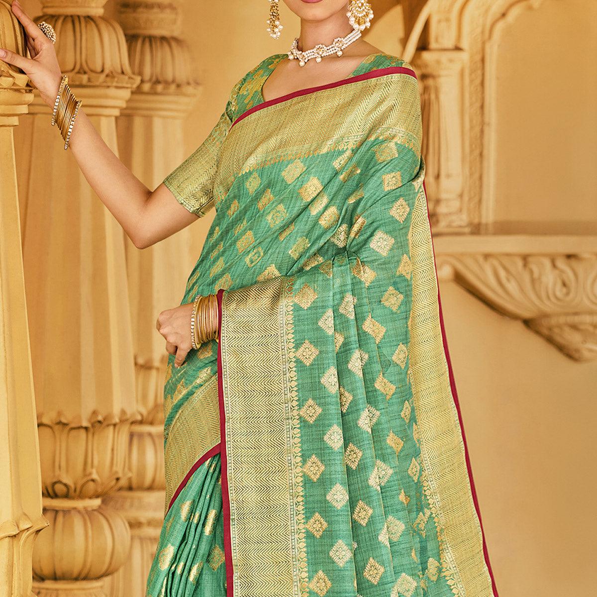 Green Festive Wear Woven Cotton Handloom Saree - Peachmode