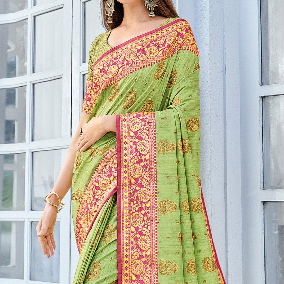 Green Festive Wear Woven Cotton Handloom Saree - Peachmode