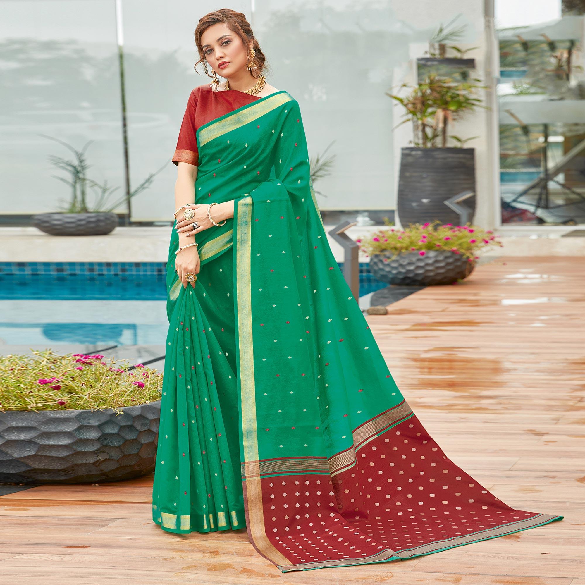 Green Festive Wear Woven Cotton Saree - Peachmode
