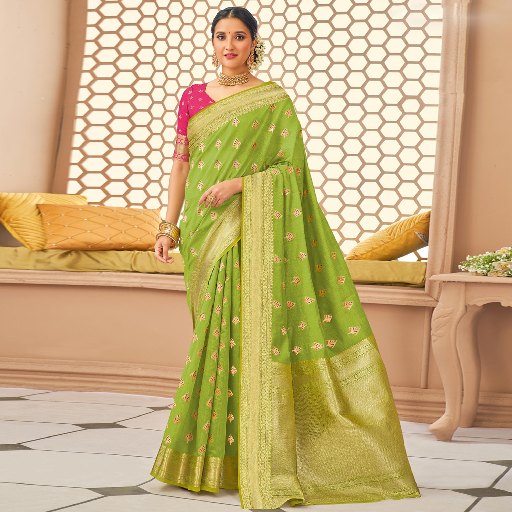 Green Festive Wear Woven Cotton Saree - Peachmode