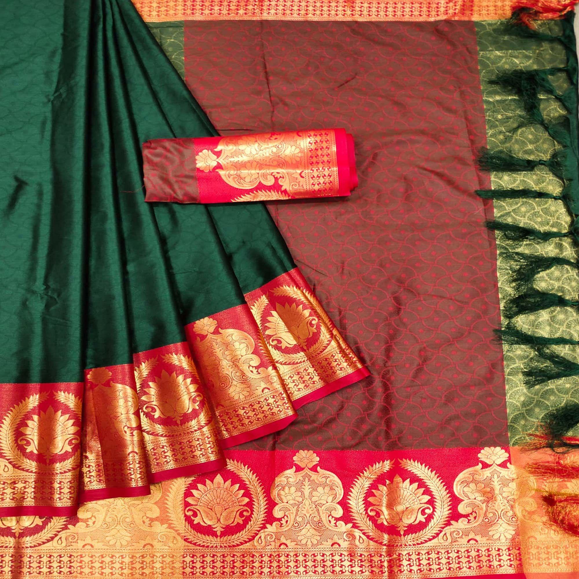 Green Festive Wear Woven Cotton Saree - Peachmode