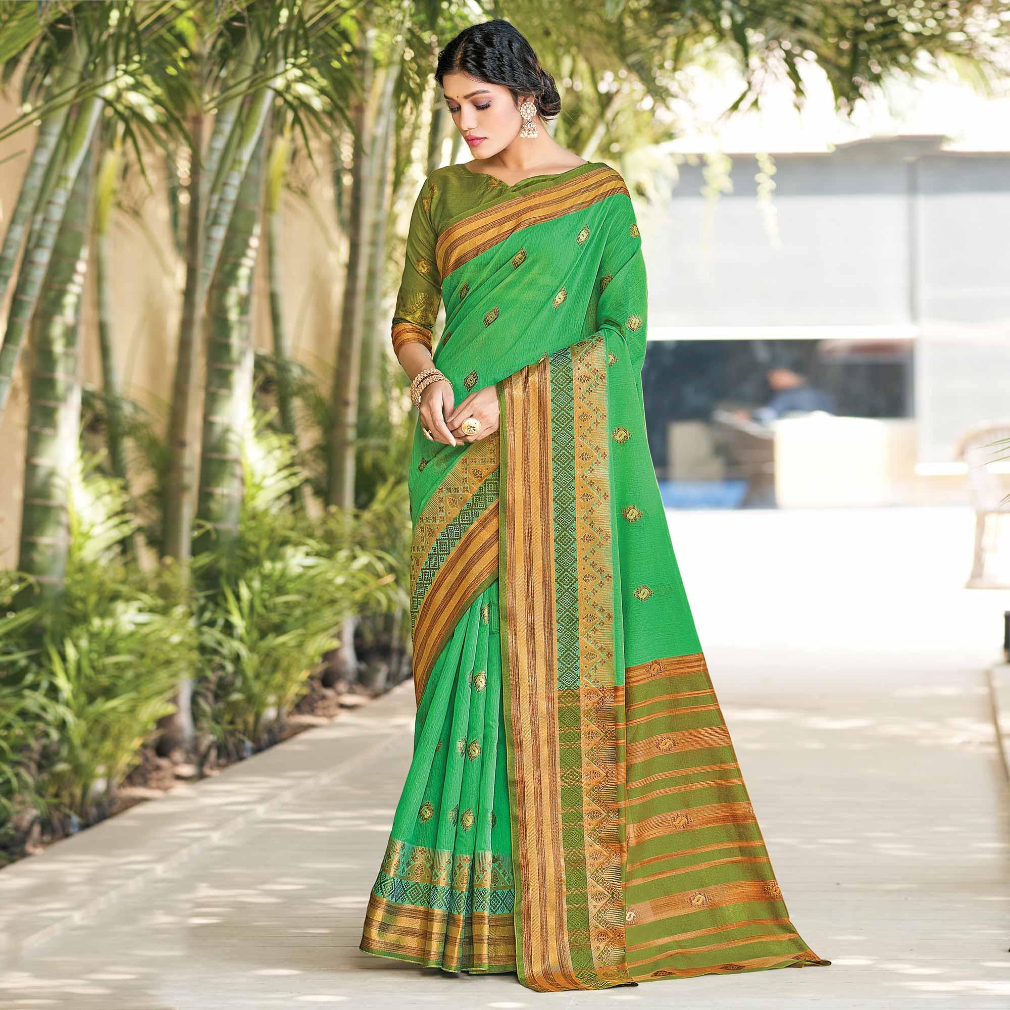 Green Festive Wear Woven Cotton Saree - Peachmode
