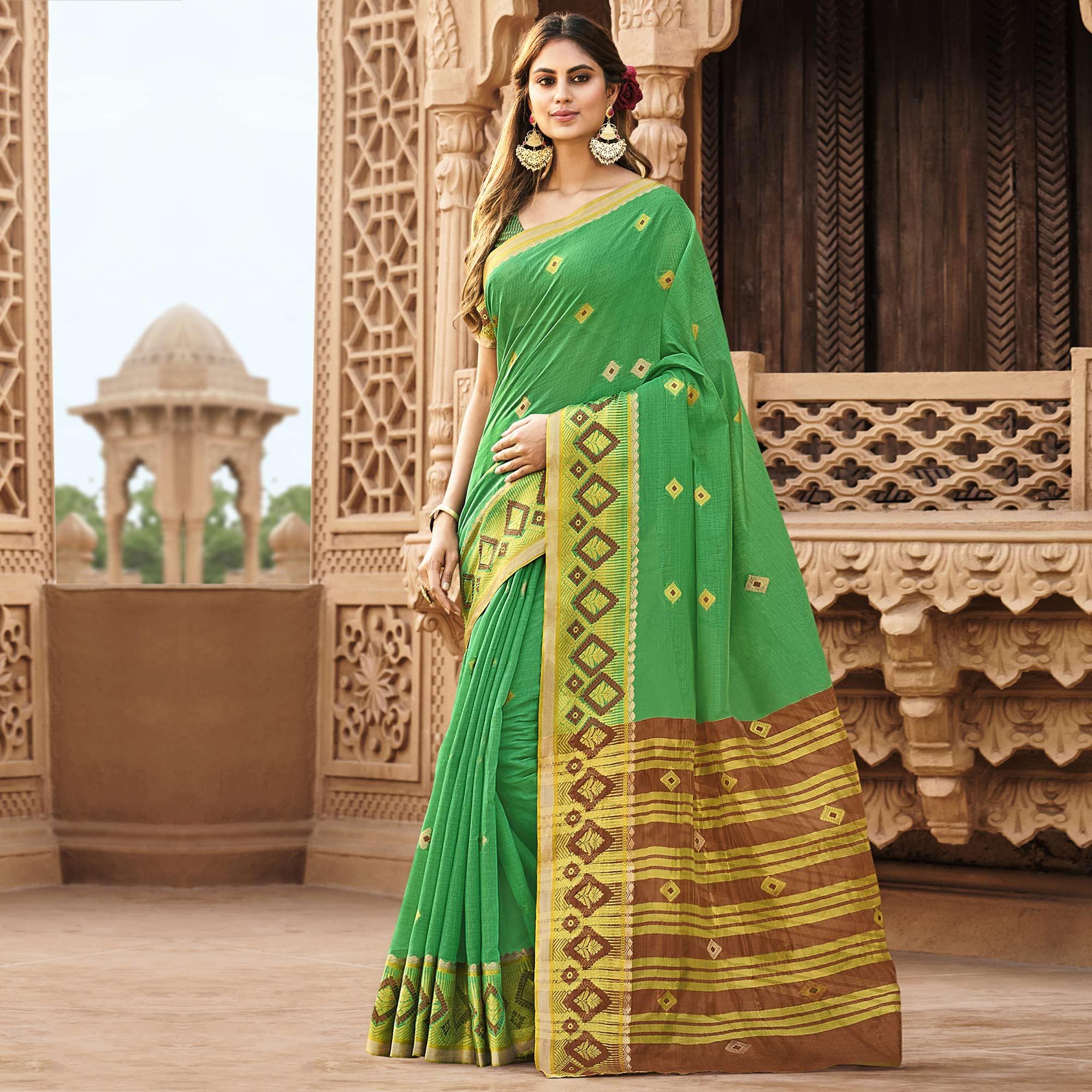 Green Festive Wear Woven Cotton Saree - Peachmode