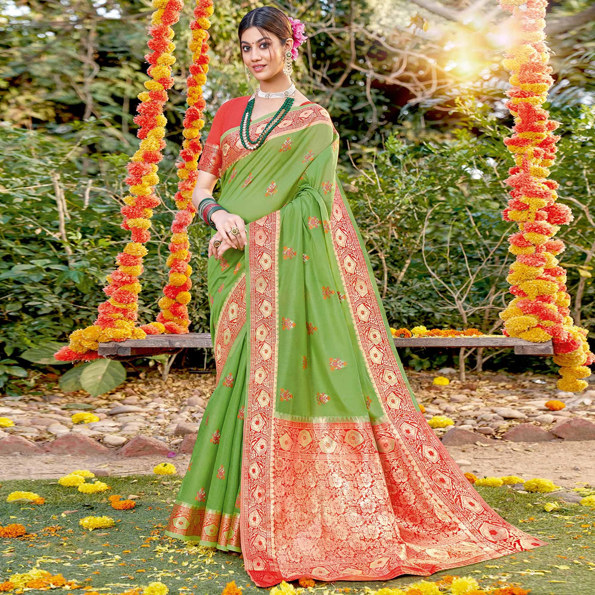 Green Festive Wear Woven Cotton Saree - Peachmode