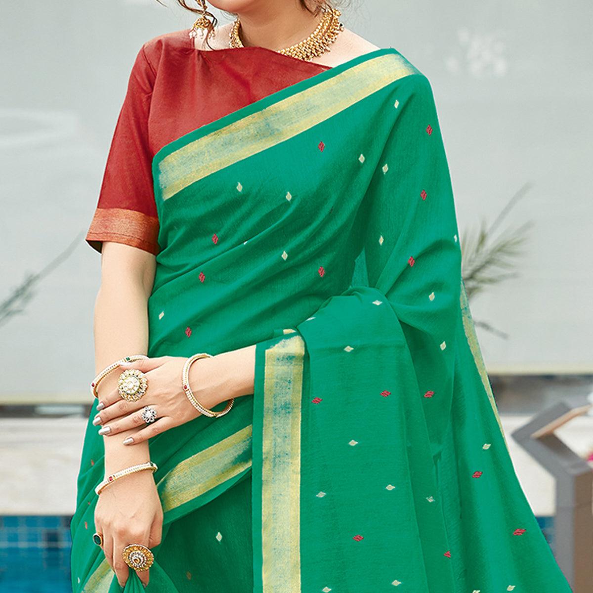 Green Festive Wear Woven Cotton Saree - Peachmode