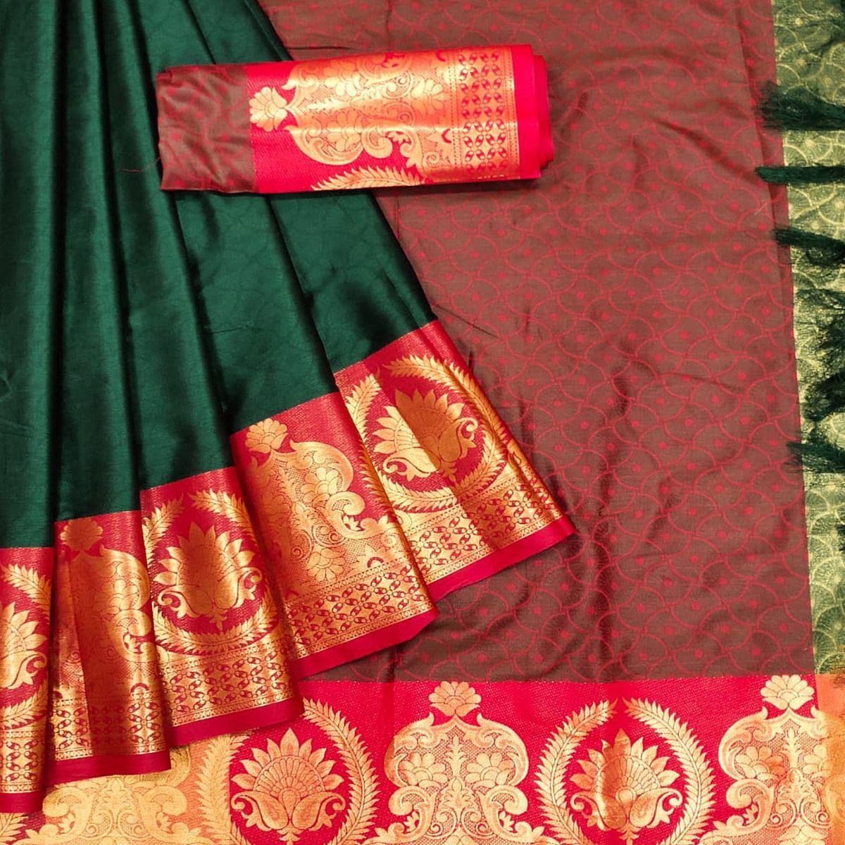 Green Festive Wear Woven Cotton Saree - Peachmode