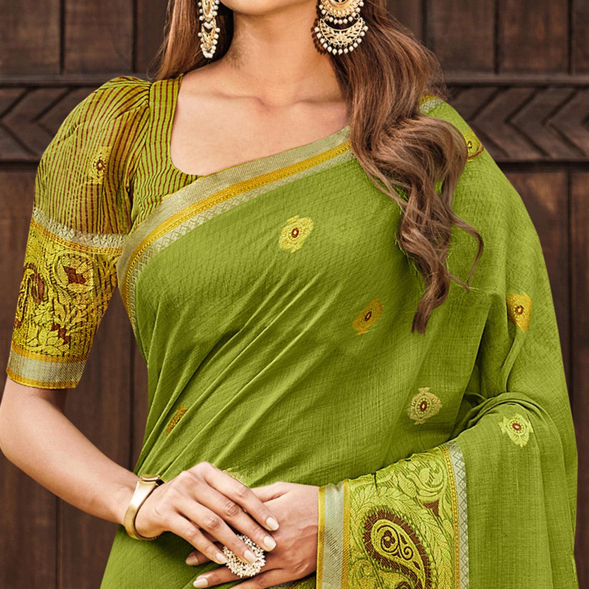 Green Festive Wear Woven Cotton Saree - Peachmode
