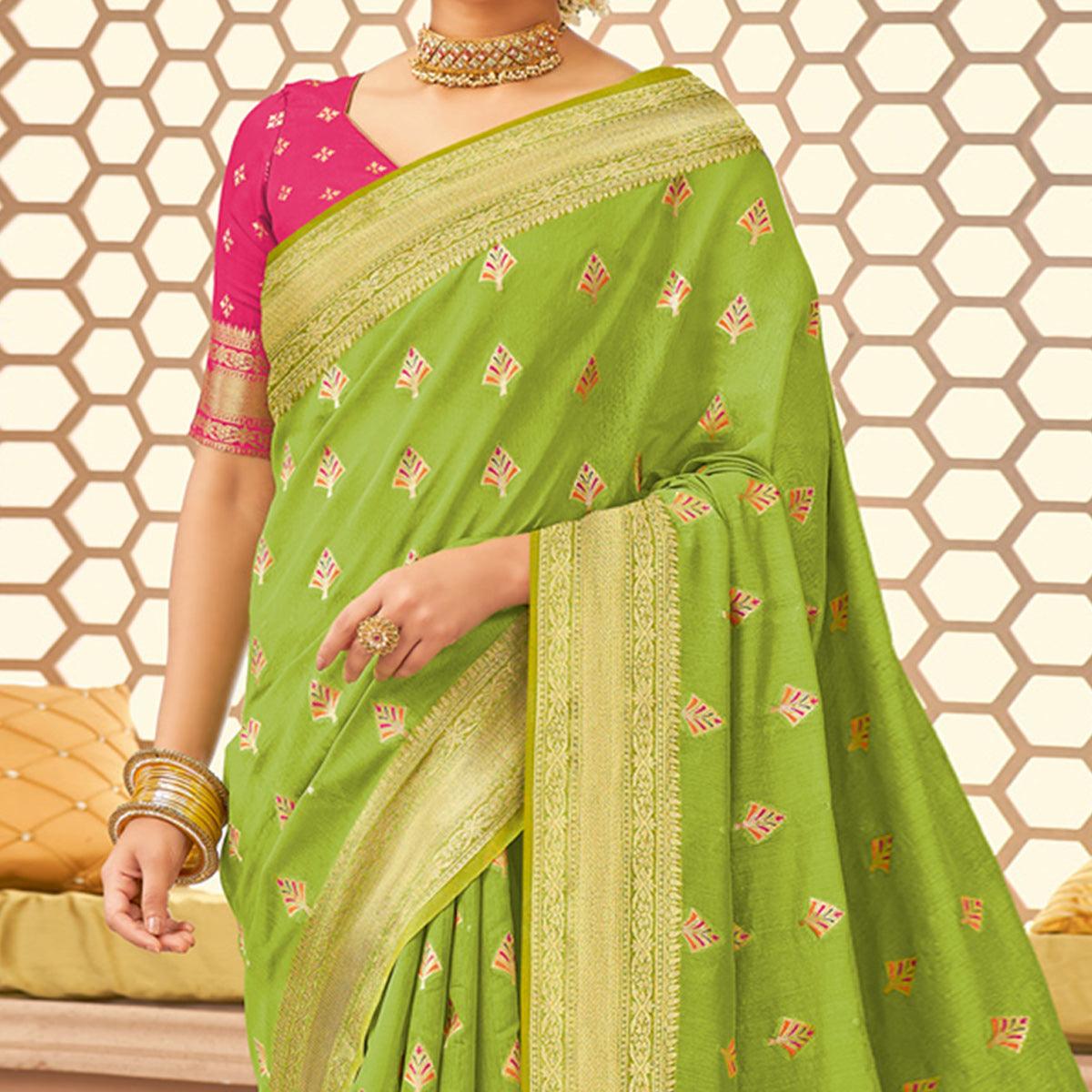 Green Festive Wear Woven Cotton Saree - Peachmode