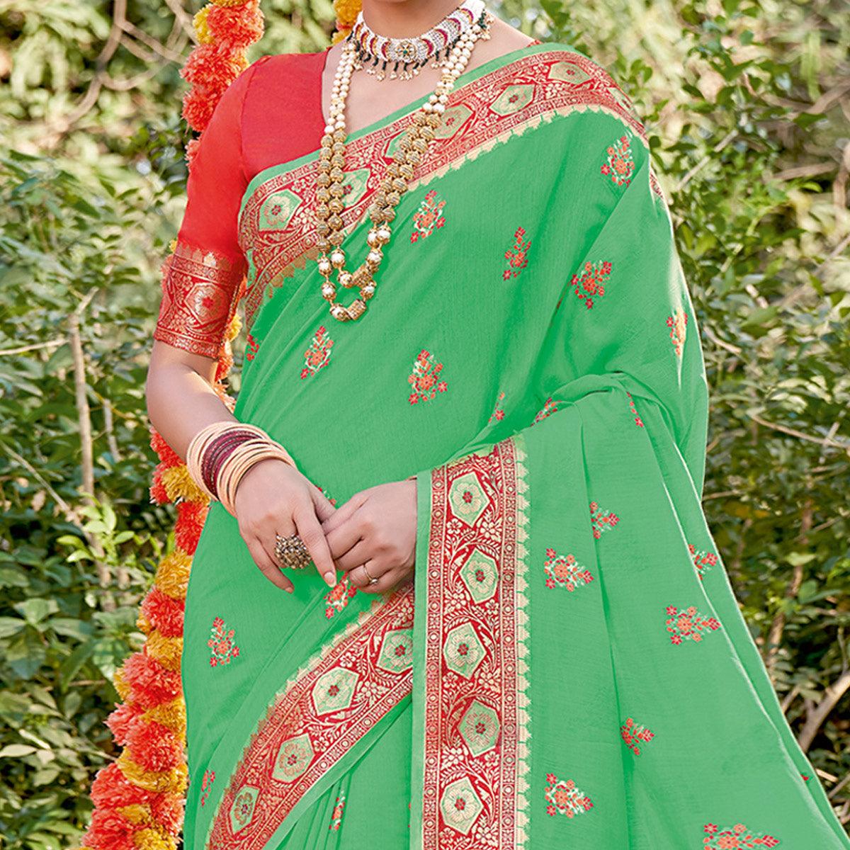 Green Festive Wear Woven Cotton Saree - Peachmode
