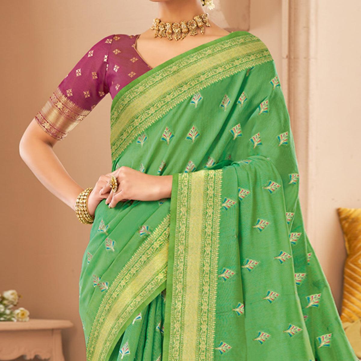 Green Festive Wear Woven Cotton Saree - Peachmode