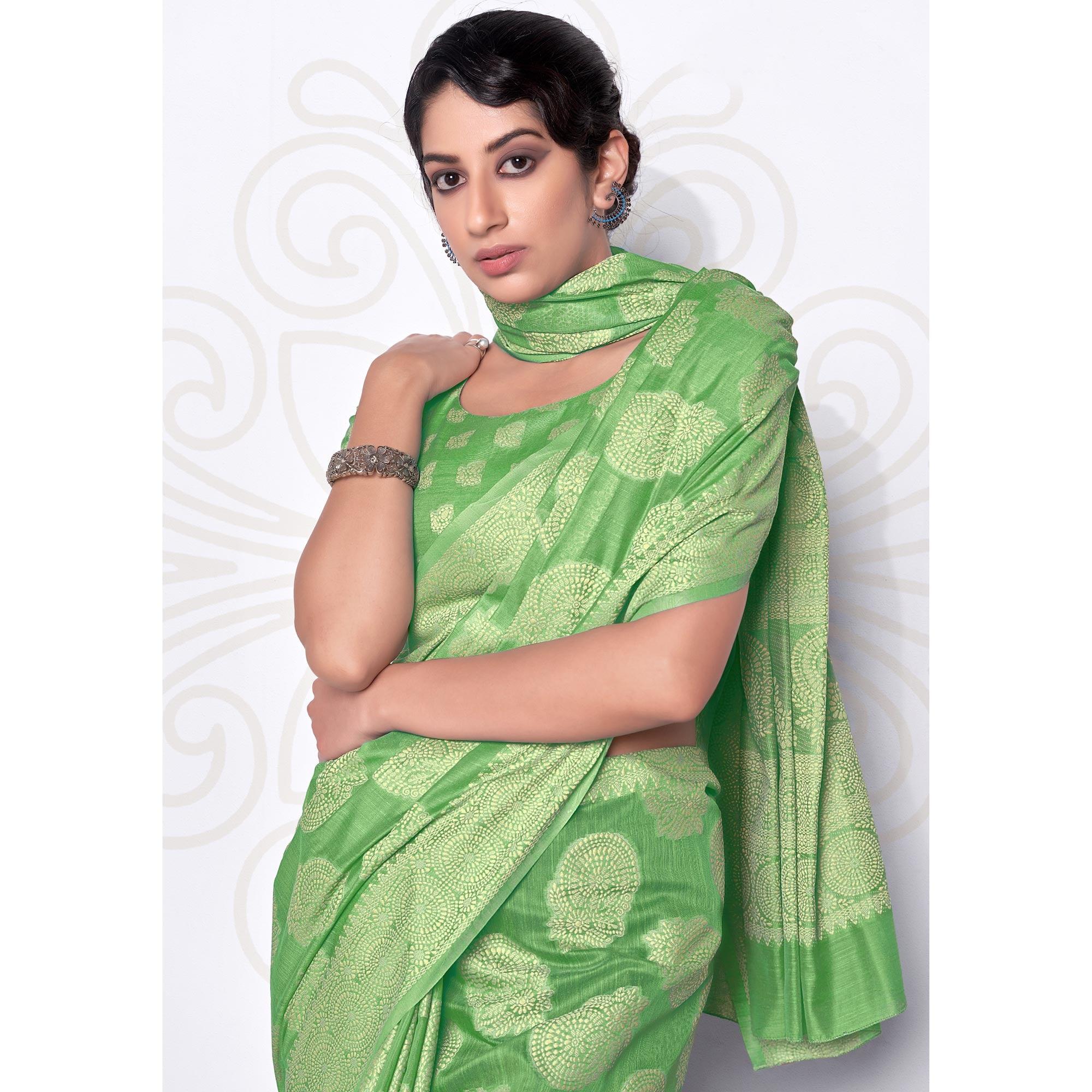 Green Festive Wear Woven Cotton Saree - Peachmode