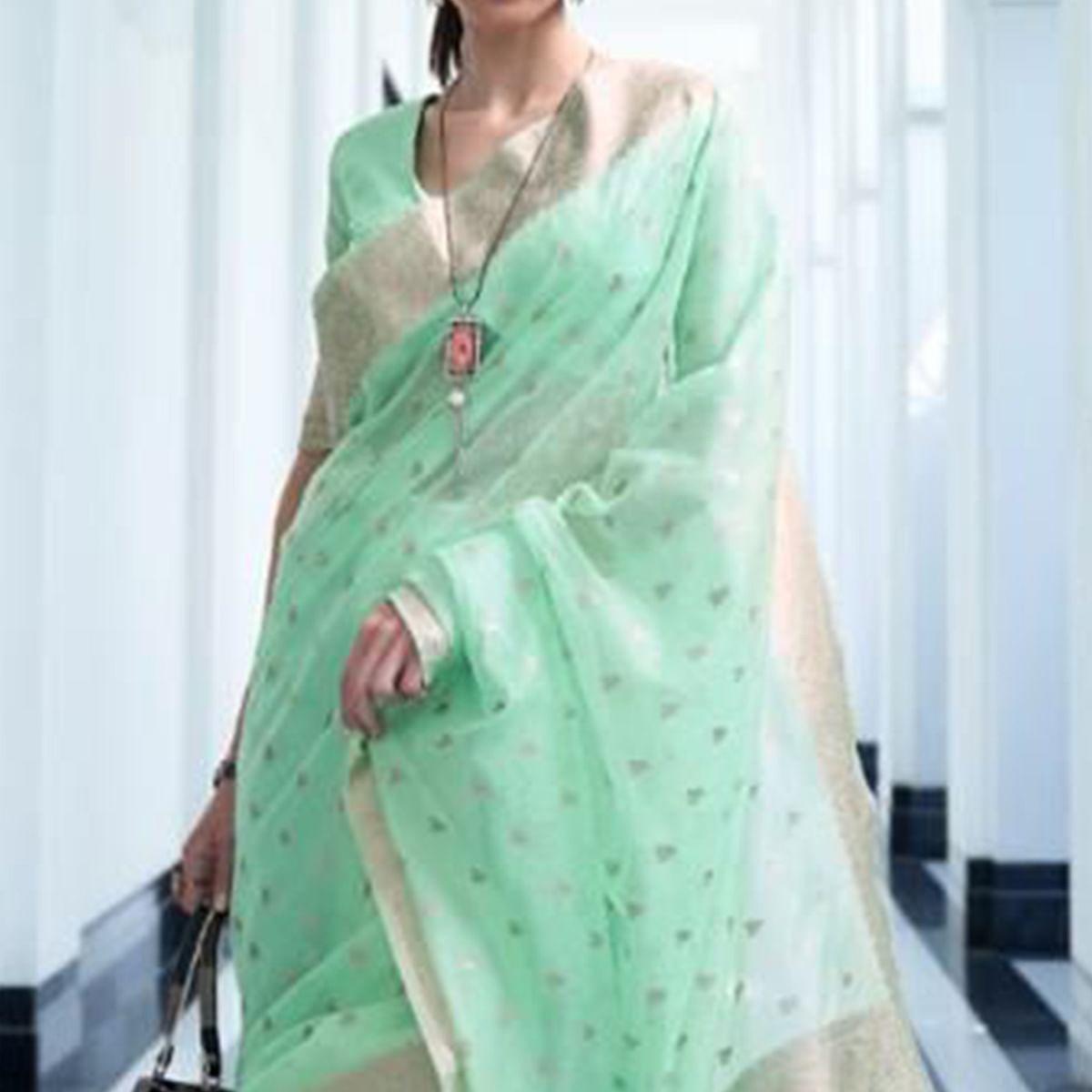 Green Festive Wear Woven Cotton Saree - Peachmode